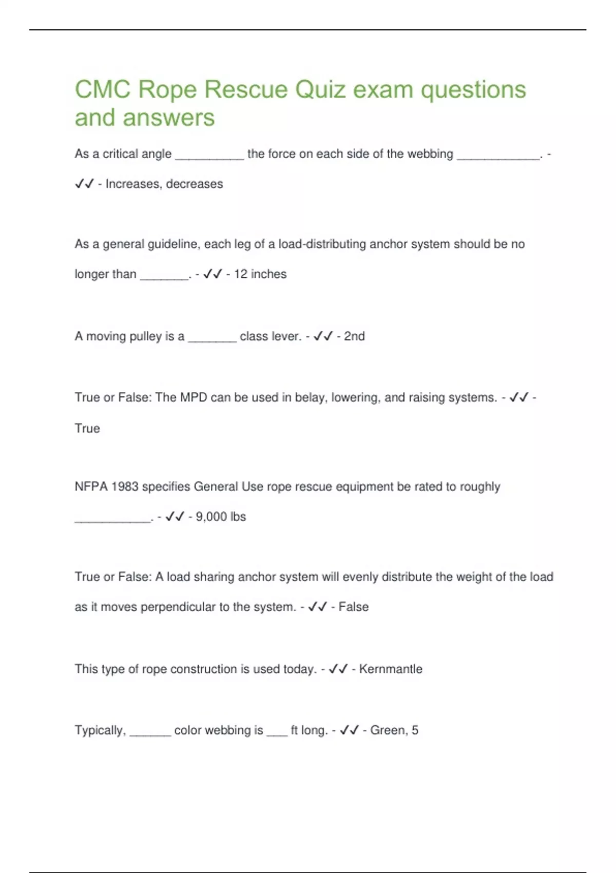 CMC Rope Rescue Quiz exam questions and answers - Rope Rescue - Stuvia US