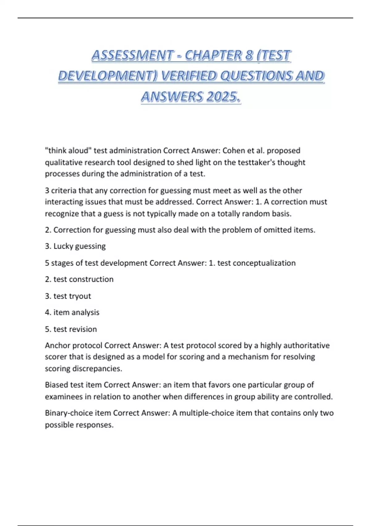 ASSESSMENT - CHAPTER 8 (TEST DEVELOPMENT) VERIFIED QUESTIONS AND ...