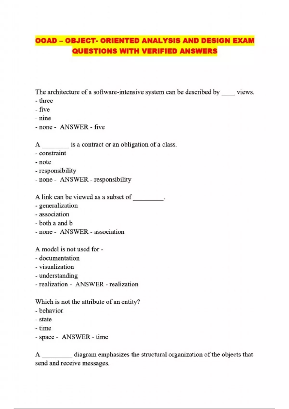 OOAD – OBJECT- ORIENTED ANALYSIS AND DESIGN EXAM QUESTIONS WITH VERIFIED ANSWERS - OOAD – OBJECT ...