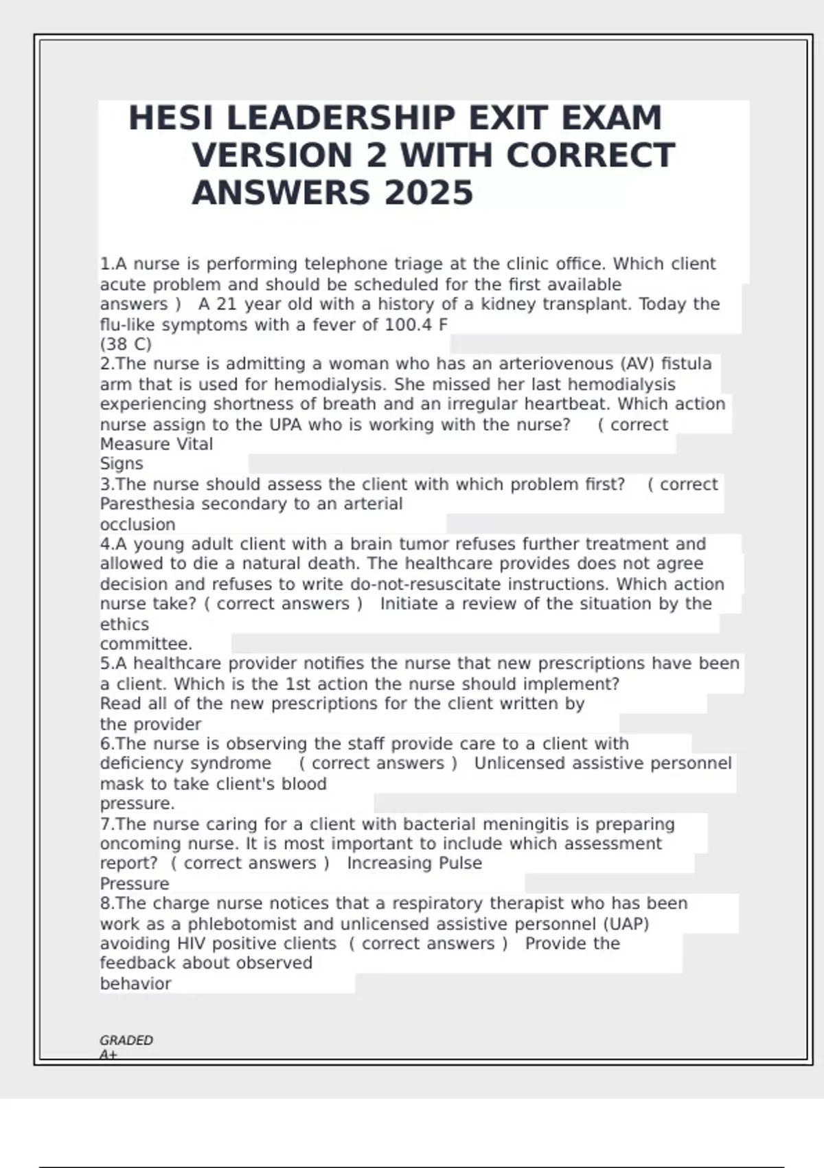 HESI LEADERSHIP EXIT EXAM VERSION 2 WITH CORRECT ANSWERS 2025 - HESI ...