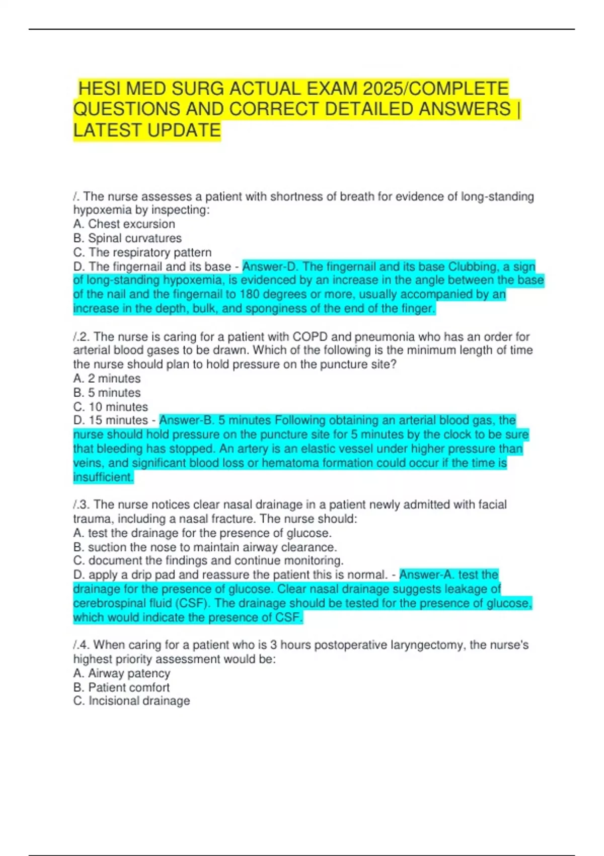 HESI MED SURG ACTUAL EXAM 2025/COMPLETE QUESTIONS AND CORRECT DETAILED ...