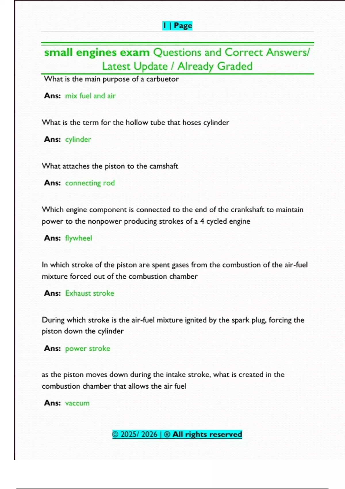 Small Engines – Updated Exam Questions and Correct Answers – 2025/2026 ...