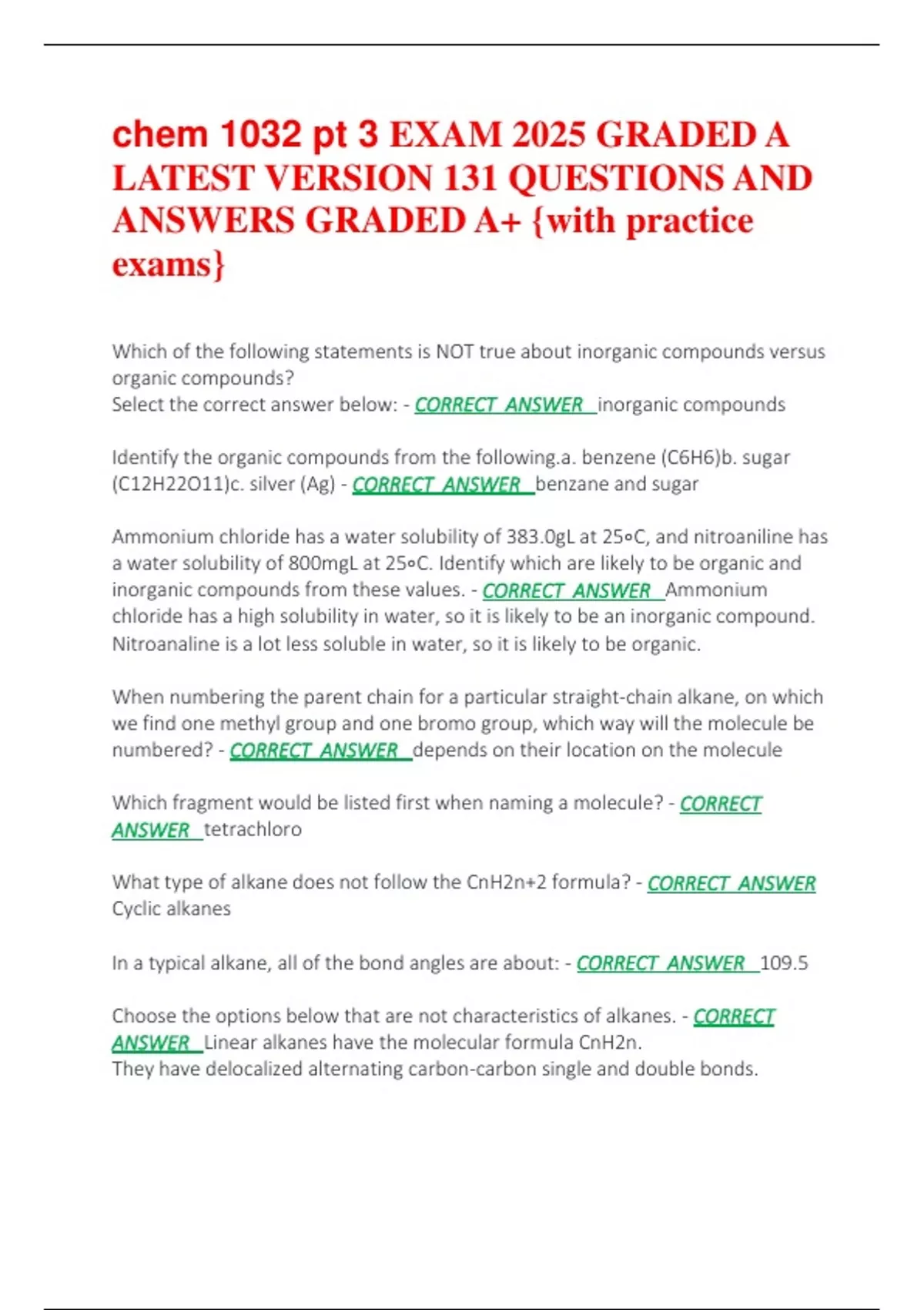 chem 1032 pt 3 EXAM 2025 GRADED A LATEST VERSION 131 QUESTIONS AND ...