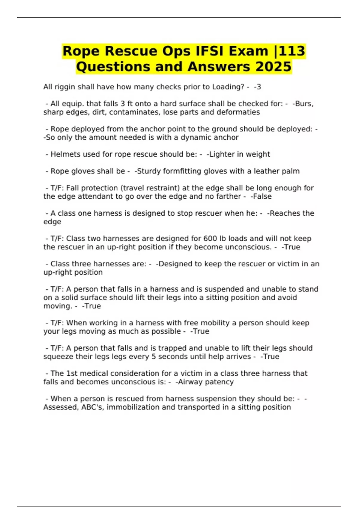 Rope Rescue Ops IFSI Exam |113 Questions and Answers 2025 - Rope Rescue ...