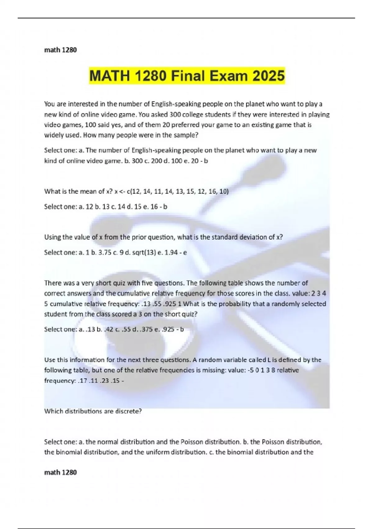 MATH 1280 Final Exam 2025 - MATH 1280 - Stuvia US