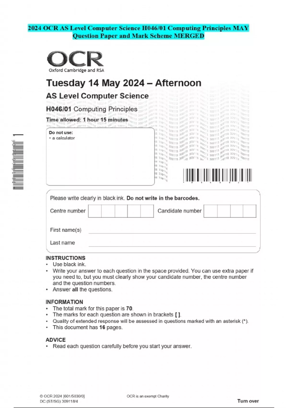2024 OCR AS Level Computer Science H046/01 Computing Principles MAY ...