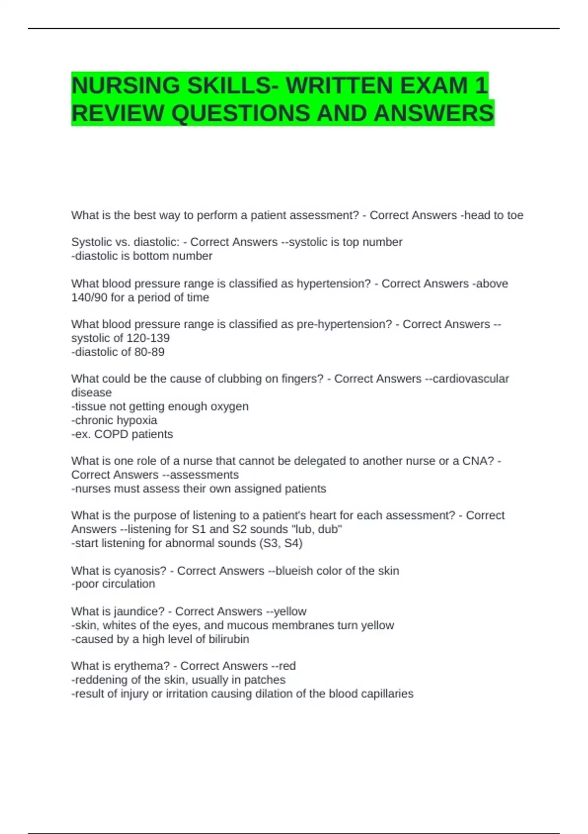NURSING SKILLS- WRITTEN EXAM 1 REVIEW QUESTIONS AND ANSWERS - NURSING ...