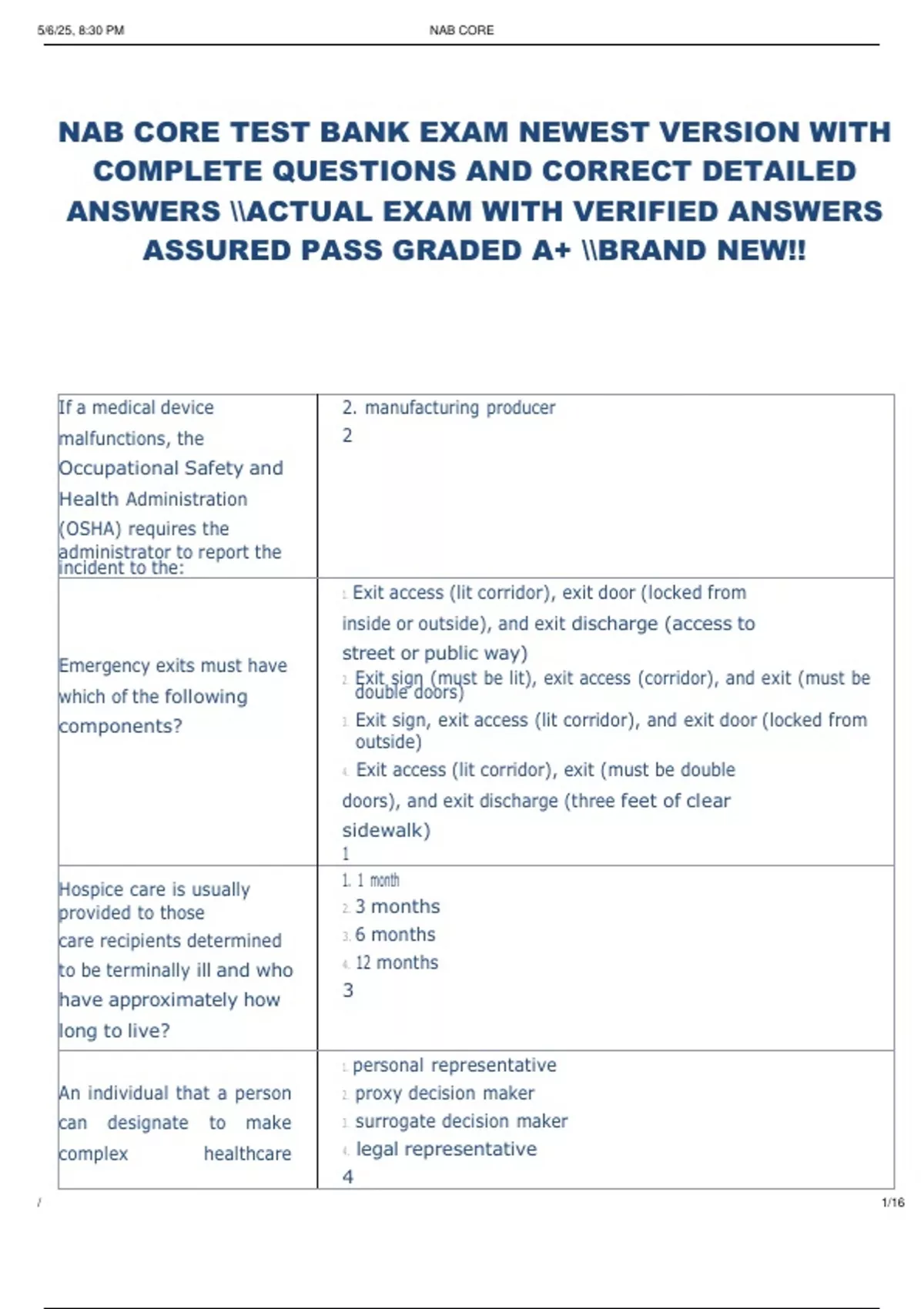 NAB CORE EXAM COMPLETE EXAM WITH ACCURATE QUESTIONS AND WELL ELABORATED ...