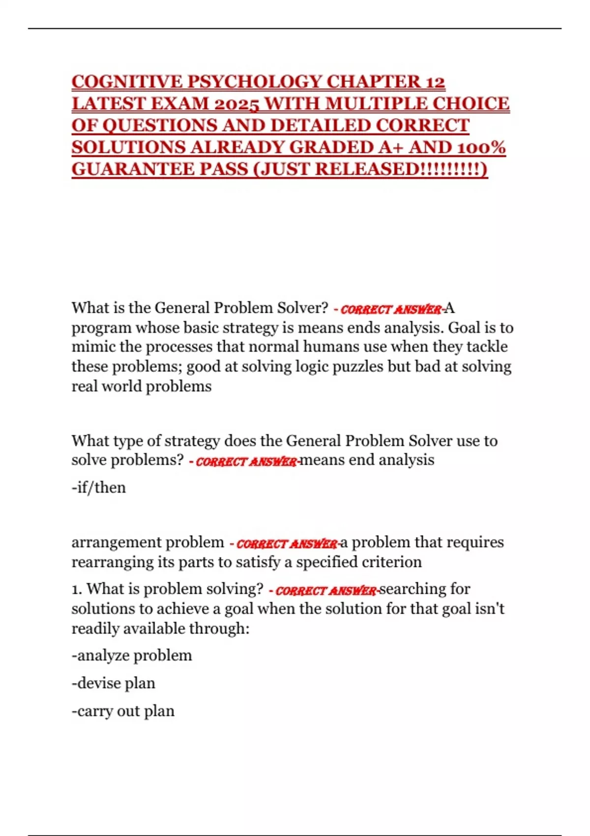 COGNITIVE PSYCHOLOGY CHAPTER 12 LATEST EXAM 2025 WITH MULTIPLE CHOICE ...
