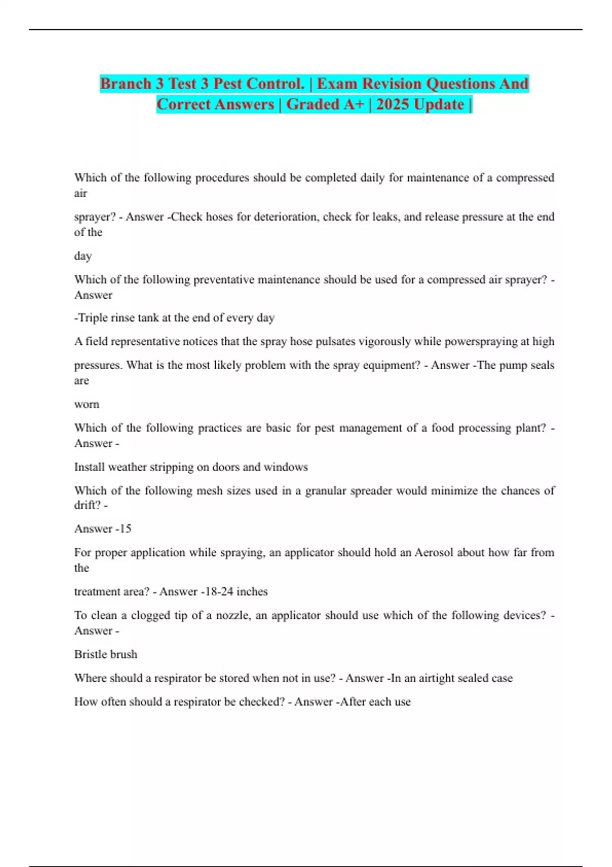 Branch 3 Test 3 Pest Control. | Exam Revision Questions And Correct ...