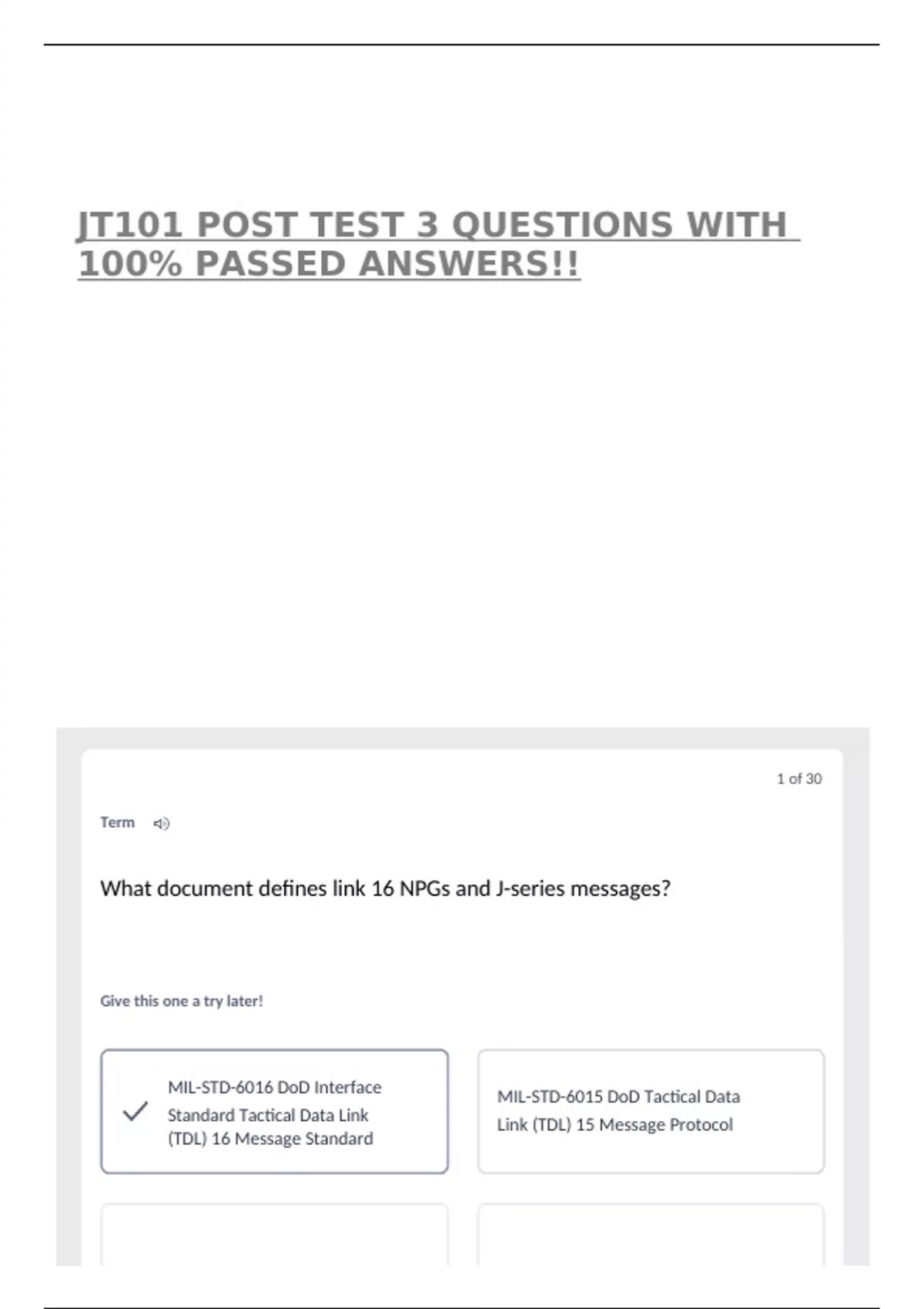 JT101 POST TEST 3 QUESTIONS WITH 100% PASSED ANSWERS!! - JT 101 - Stuvia US