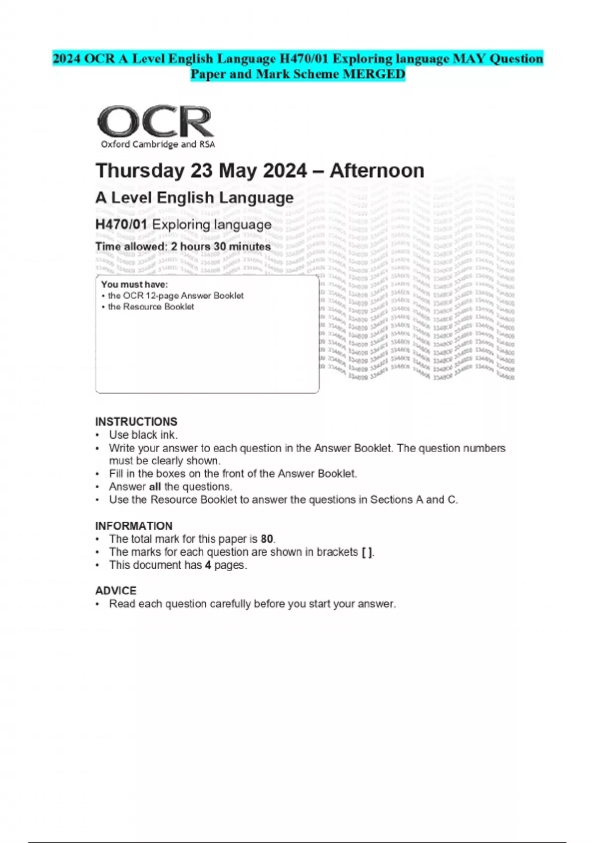 2024 OCR A Level English Language H470/01 Exploring language MAY ...