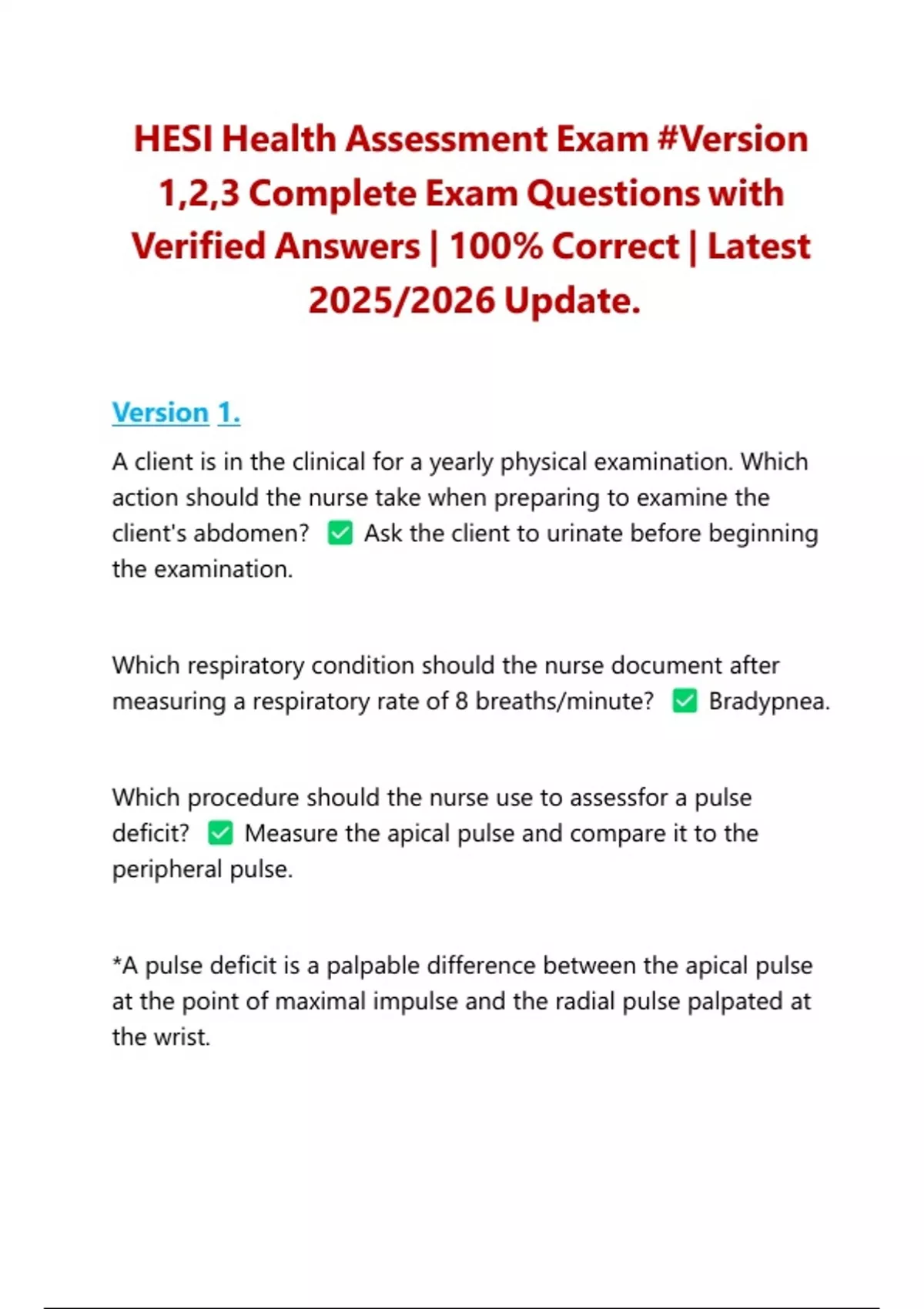 HESI Health Assessment Exam #Version 1,2,3 Complete Exam Questions with ...