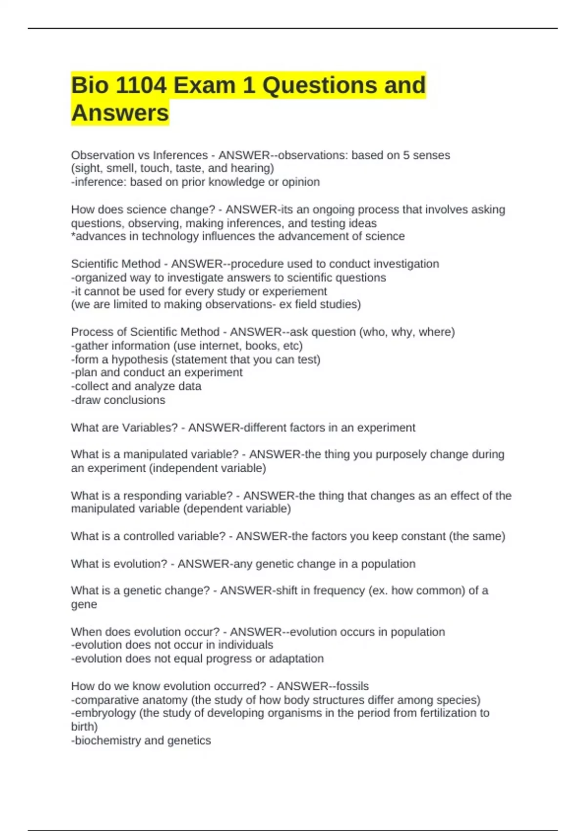 Bio 1104 Exam 1 Questions and Answers - BIO 1104 - Stuvia US