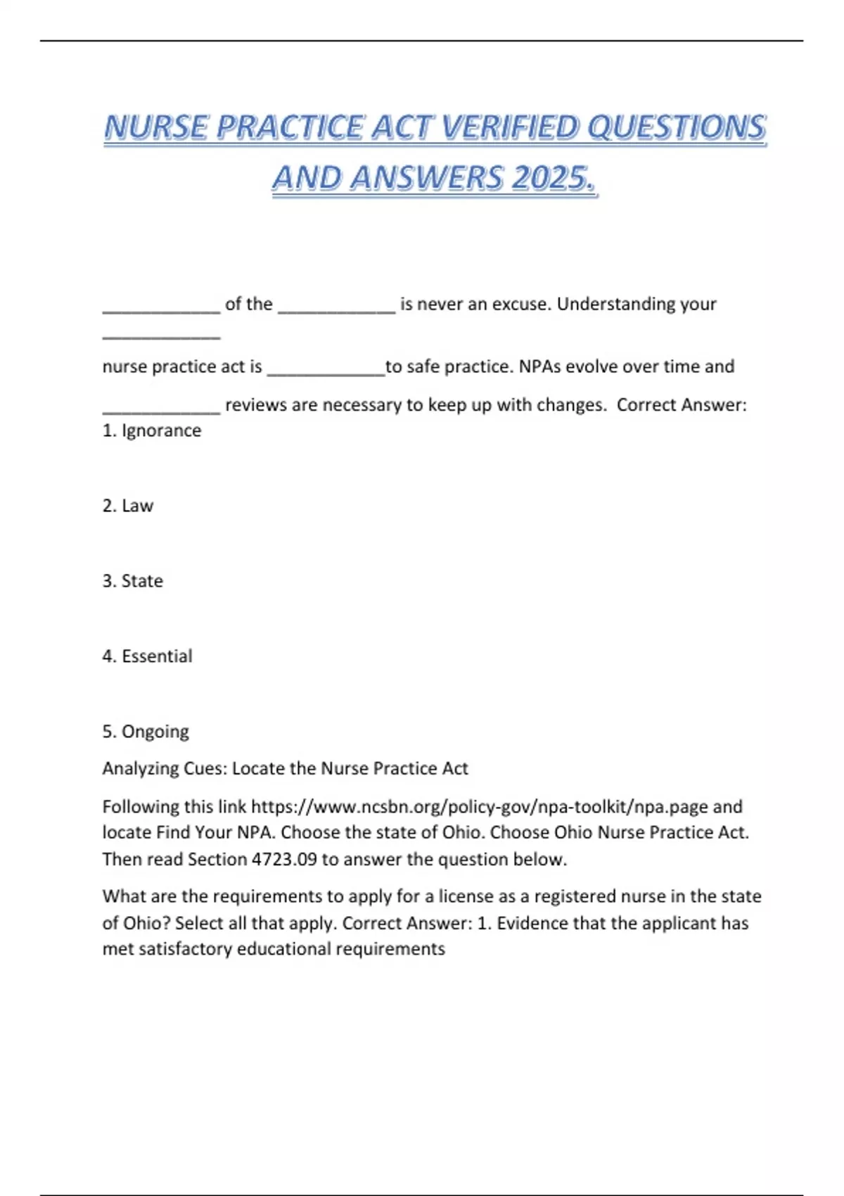 NURSE PRACTICE ACT VERIFIED QUESTIONS AND ANSWERS 2025. - RSTEP - Stuvia US