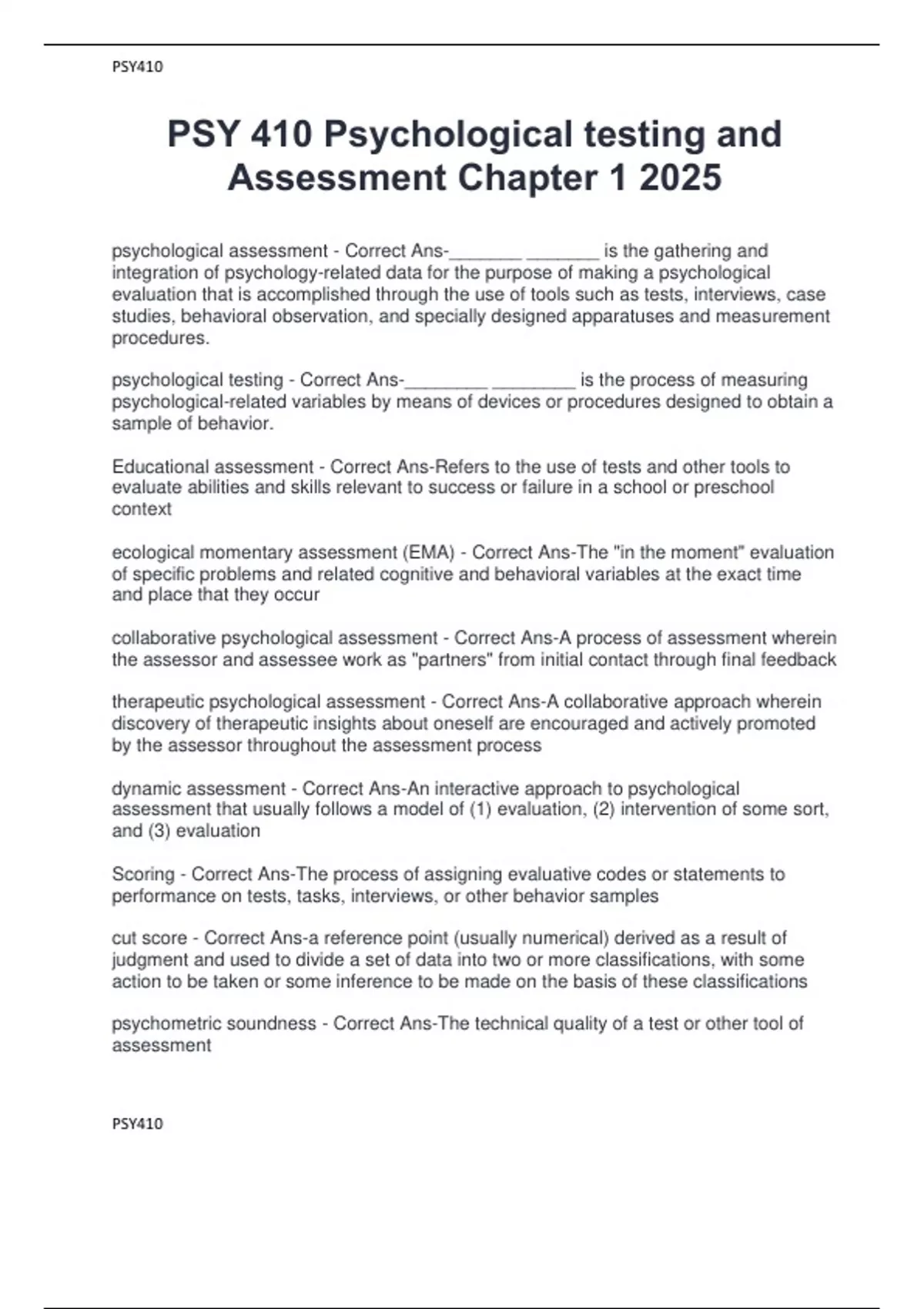 PSY 410 Psychological testing and Assessment Chapter 1 2025 - PSY 410 ...