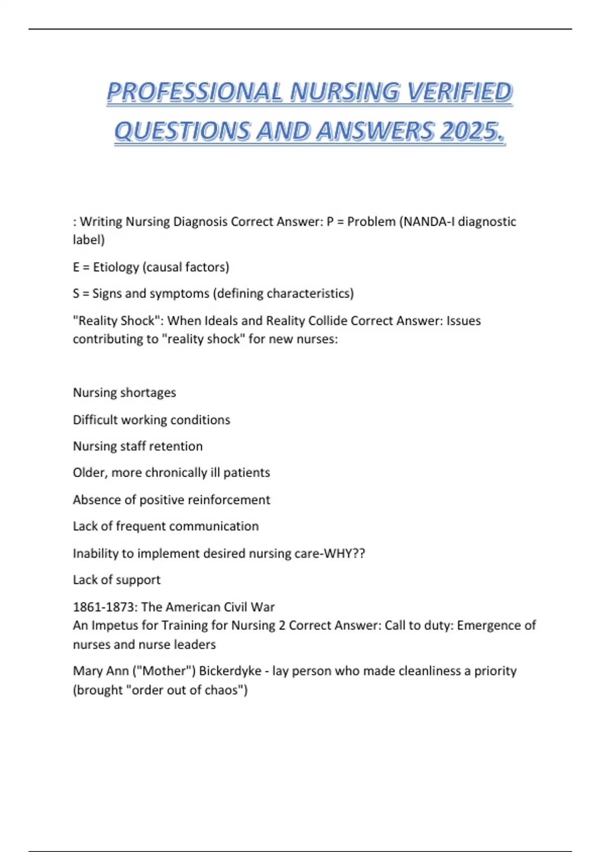 PROFESSIONAL NURSING VERIFIED QUESTIONS AND ANSWERS 2025. - RSTEP ...