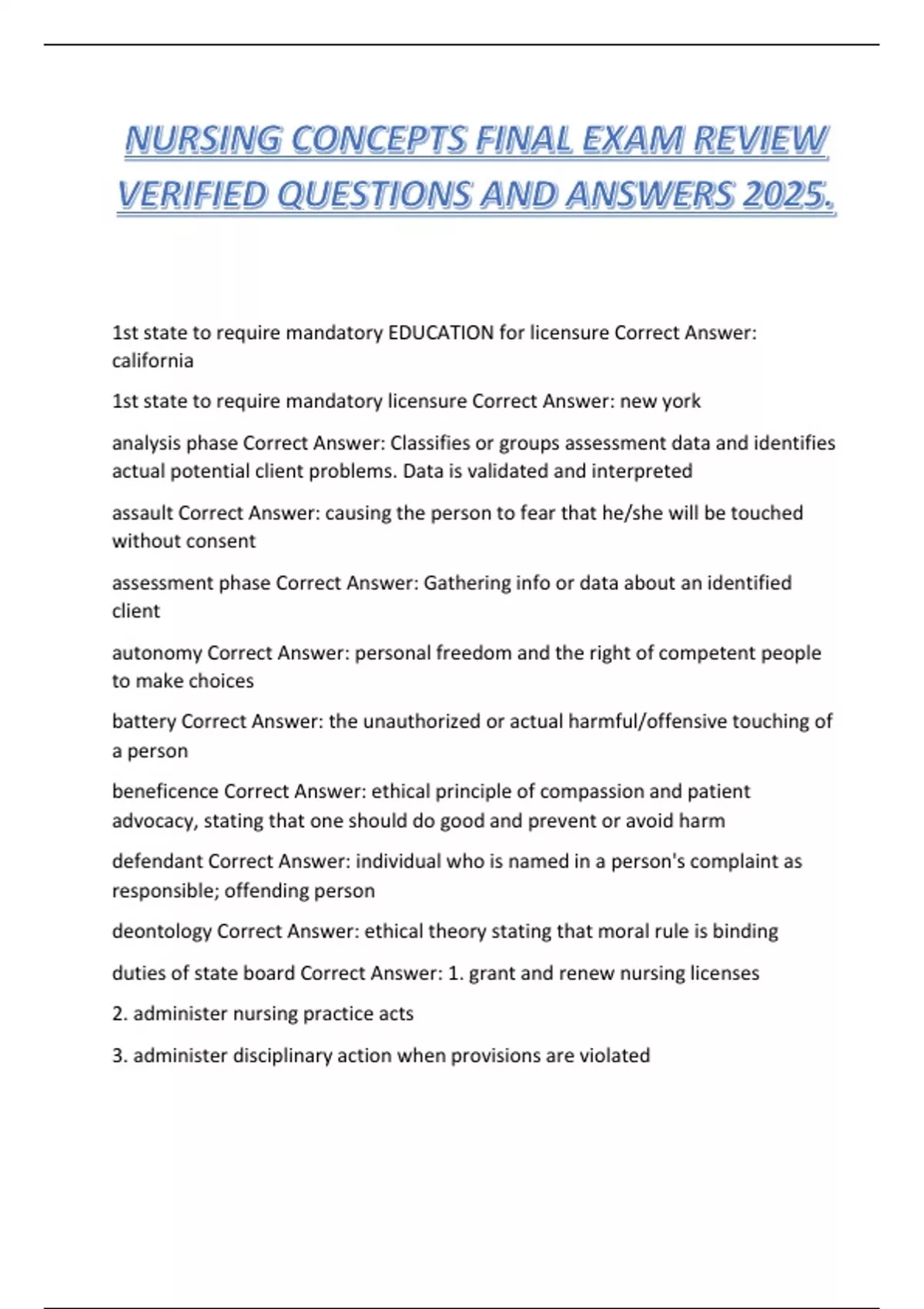 NURSING CONCEPTS FINAL EXAM REVIEW VERIFIED QUESTIONS AND ANSWERS 2025 ...