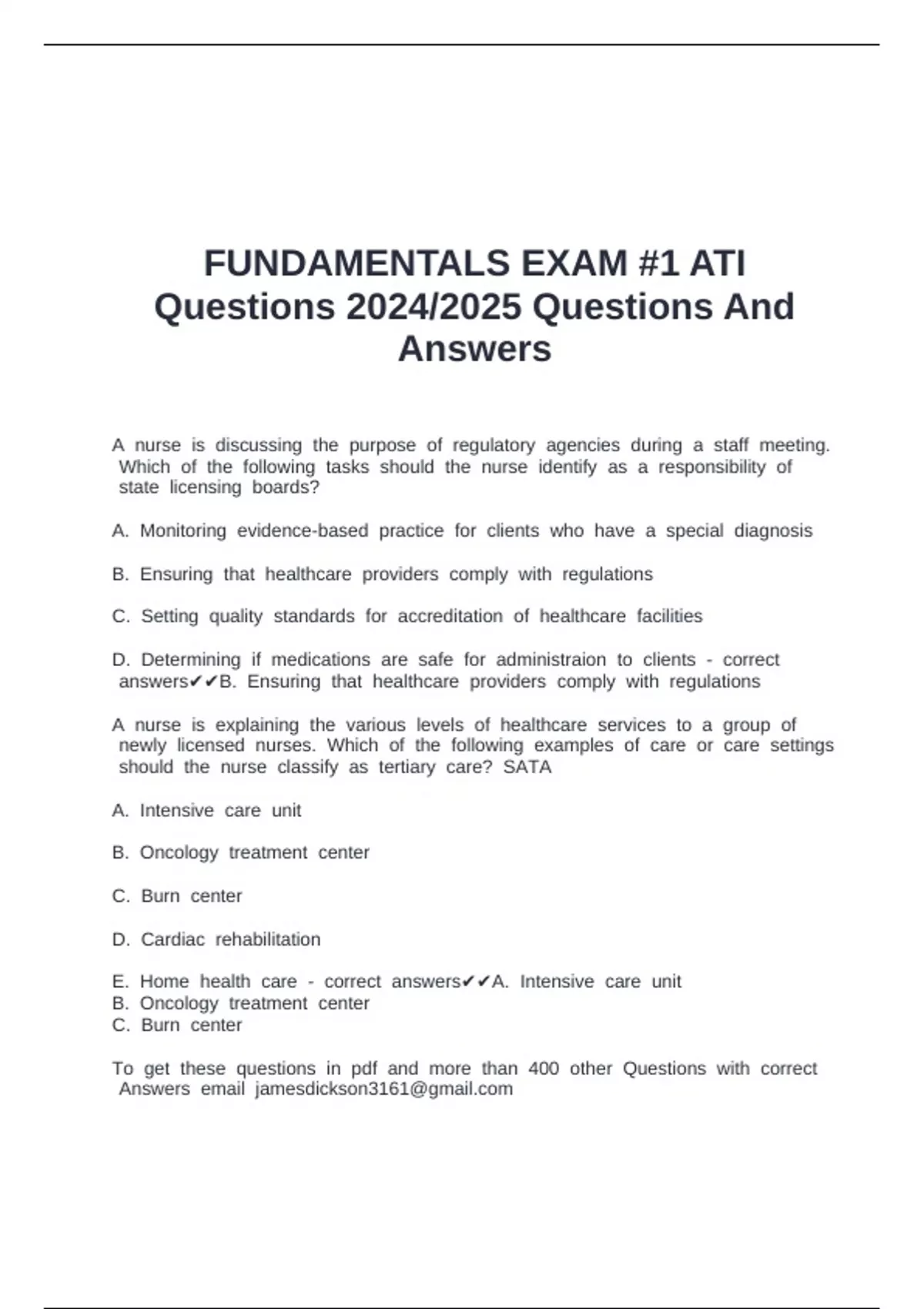 FUNDAMENTALS EXAM #1 ATI Questions 2024/2025 Questions And Answers ...
