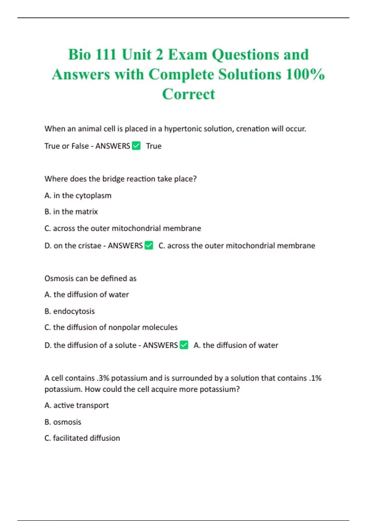 Bio 111 Unit 2 Exam Questions and Answers with Complete Solutions 100% ...
