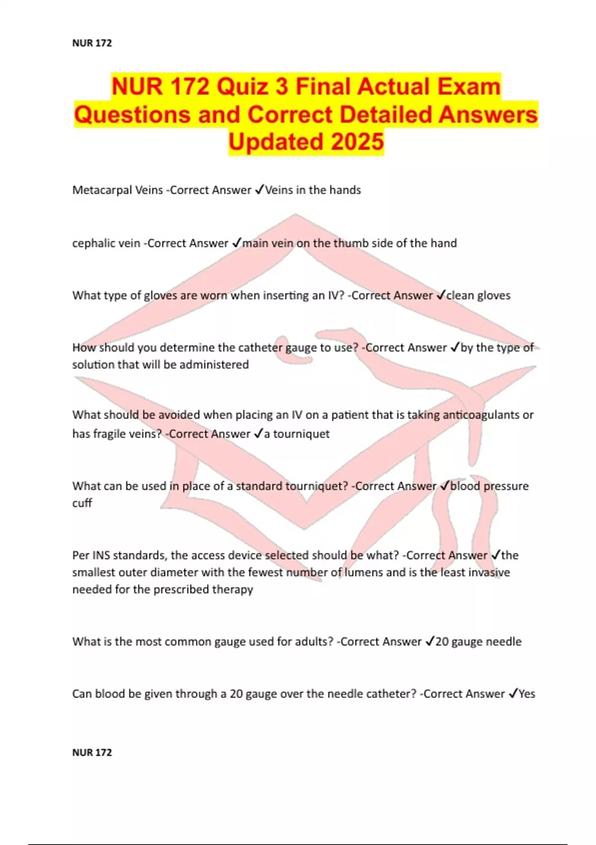 NUR 172 Quiz 3 Final Actual Exam Questions and Correct Detailed Answers ...