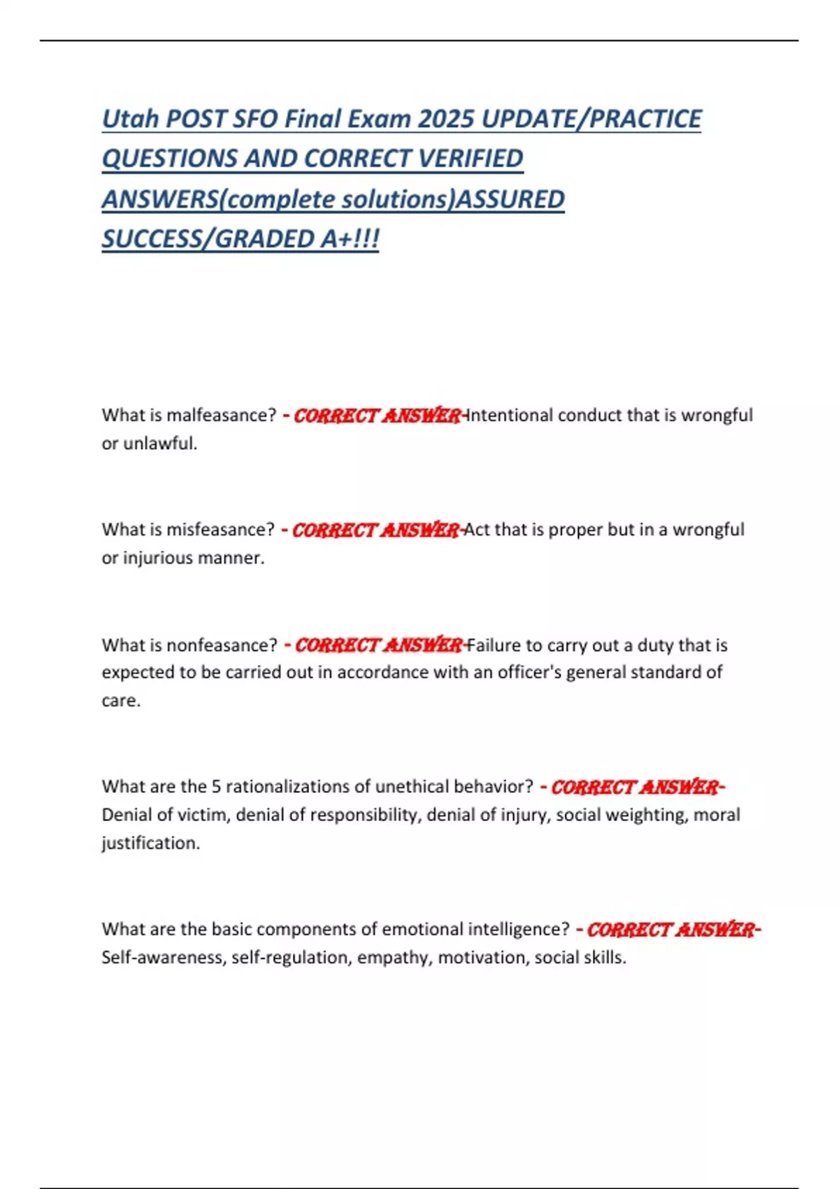 Utah POST SFO Final Exam 2025 UPDATE/PRACTICE QUESTIONS AND CORRECT ...