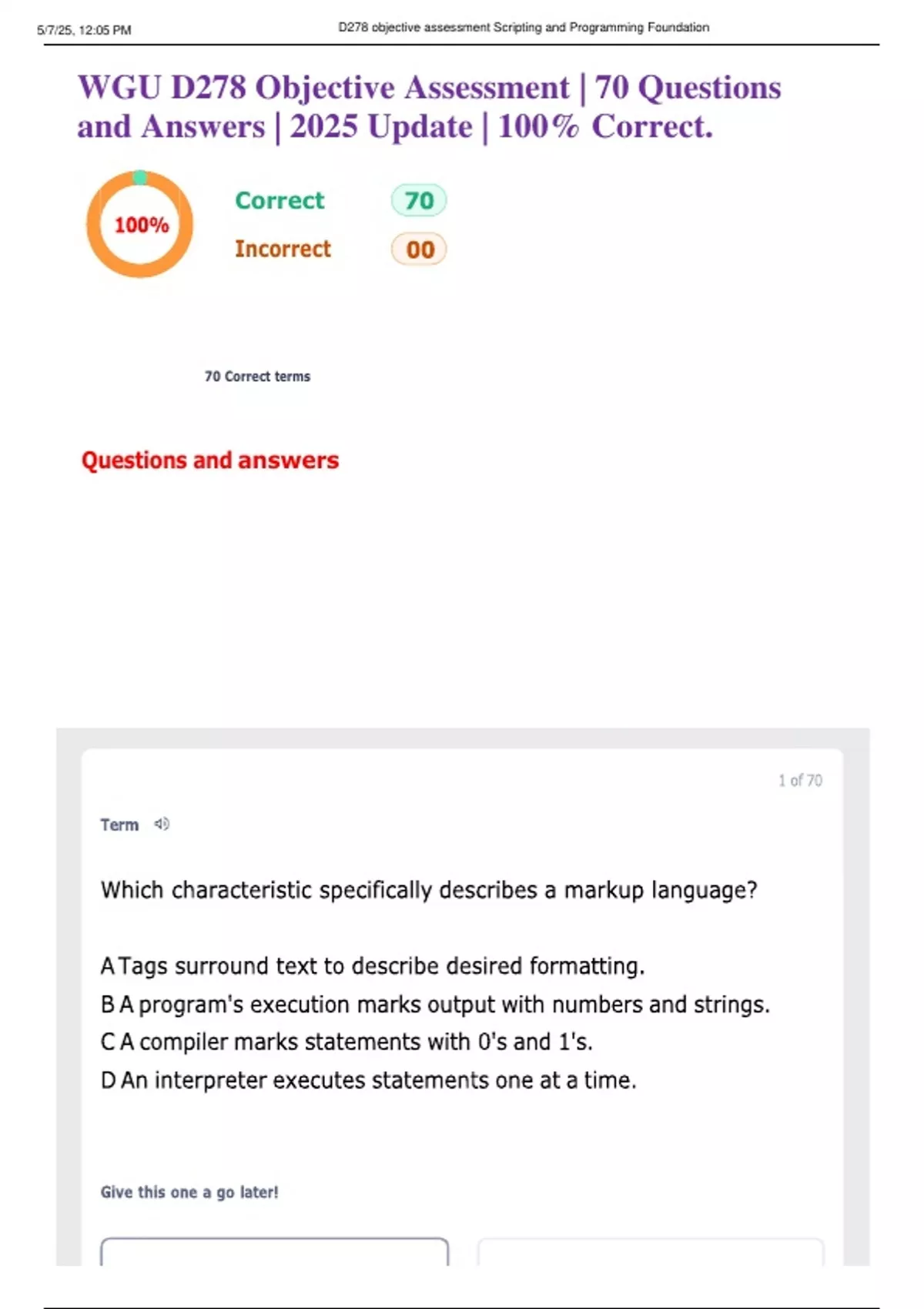 WGU D278 Objective Assessment | 70 Questions and Answers | 2025 Update ...