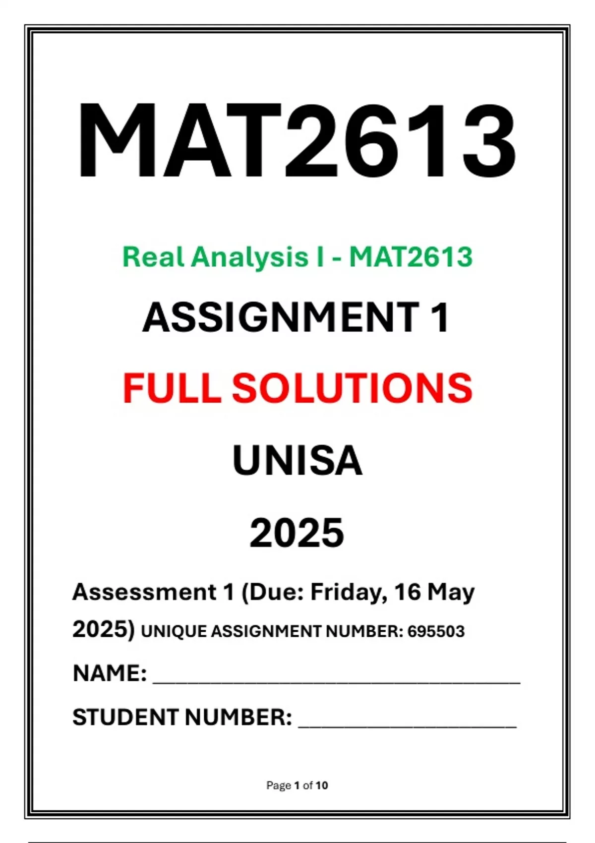 MAT2613 Assignment 1 Complete Solutions UNISA 2025 Real Analysis I Due ...