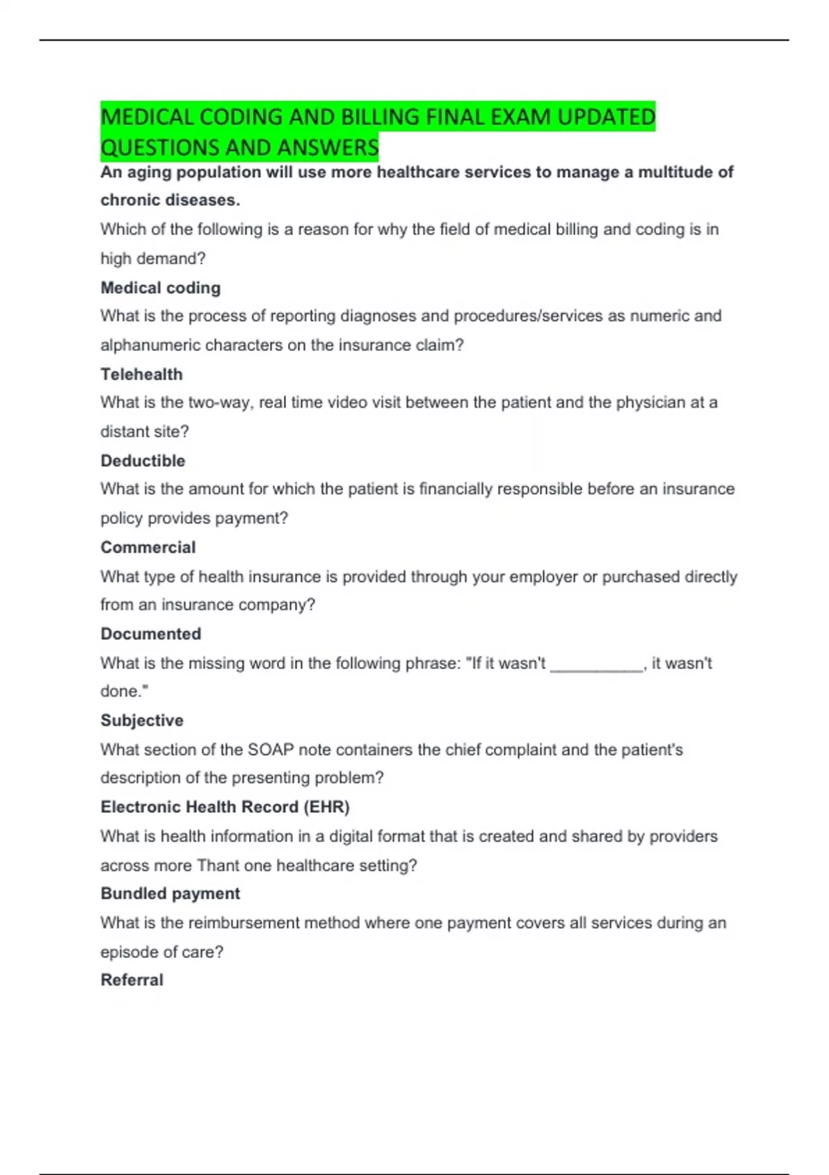 MEDICAL CODING AND BILLING FINAL EXAM UPDATED QUESTIONS AND ANSWERS ...