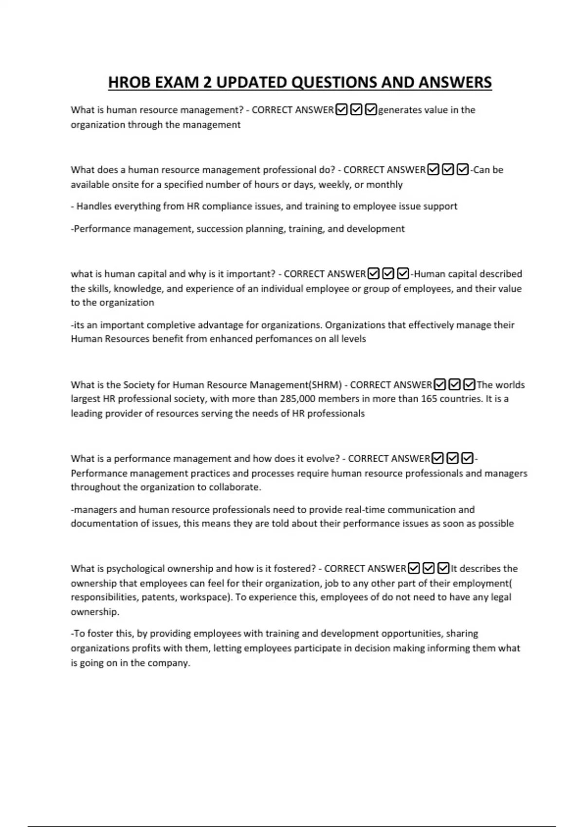 HROB EXAM 2 UPDATED QUESTIONS AND ANSWERS - HROB - Stuvia US