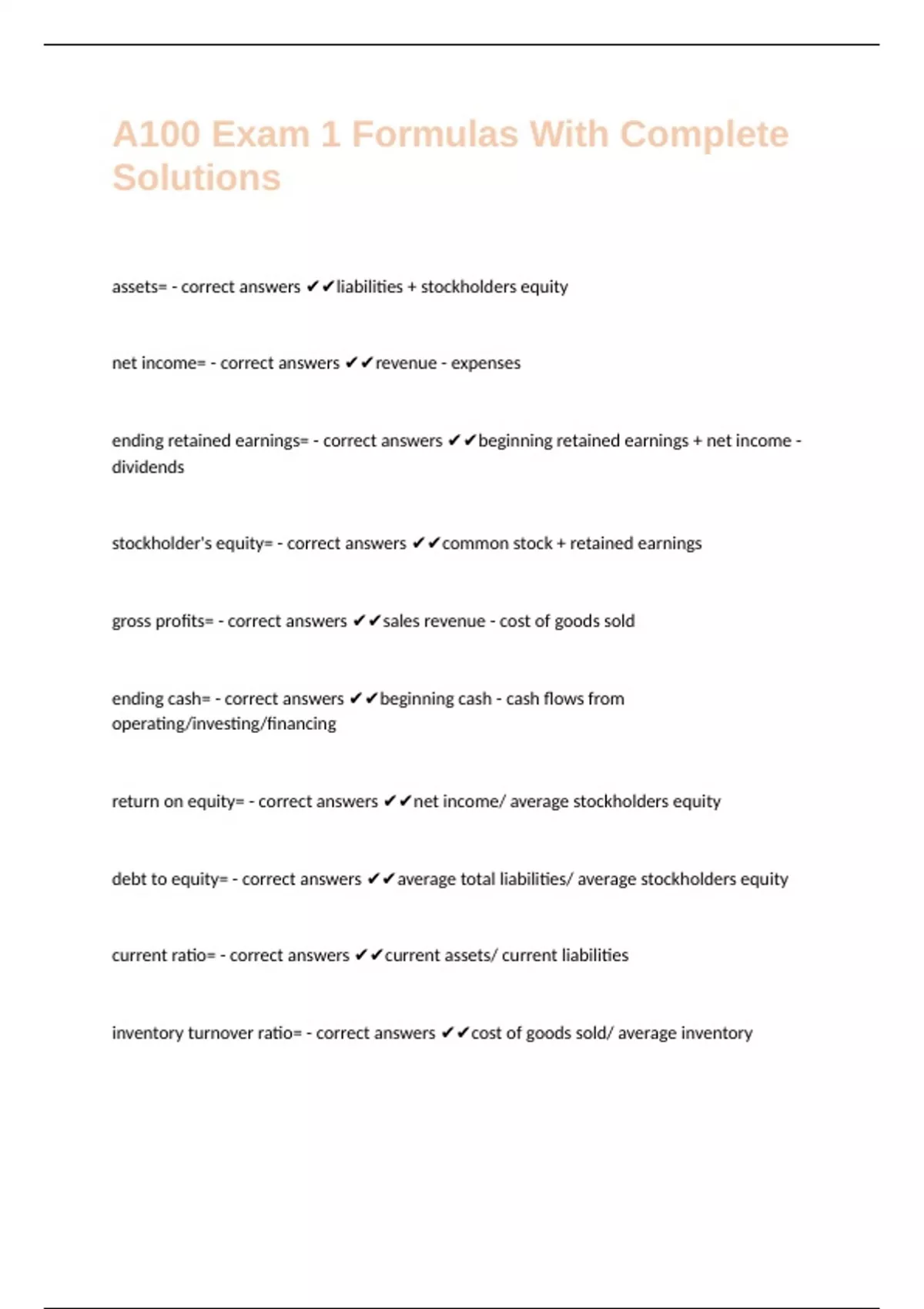 A100 Exam 1 Formulas With Complete Solutions - A100 Formulas - Stuvia US