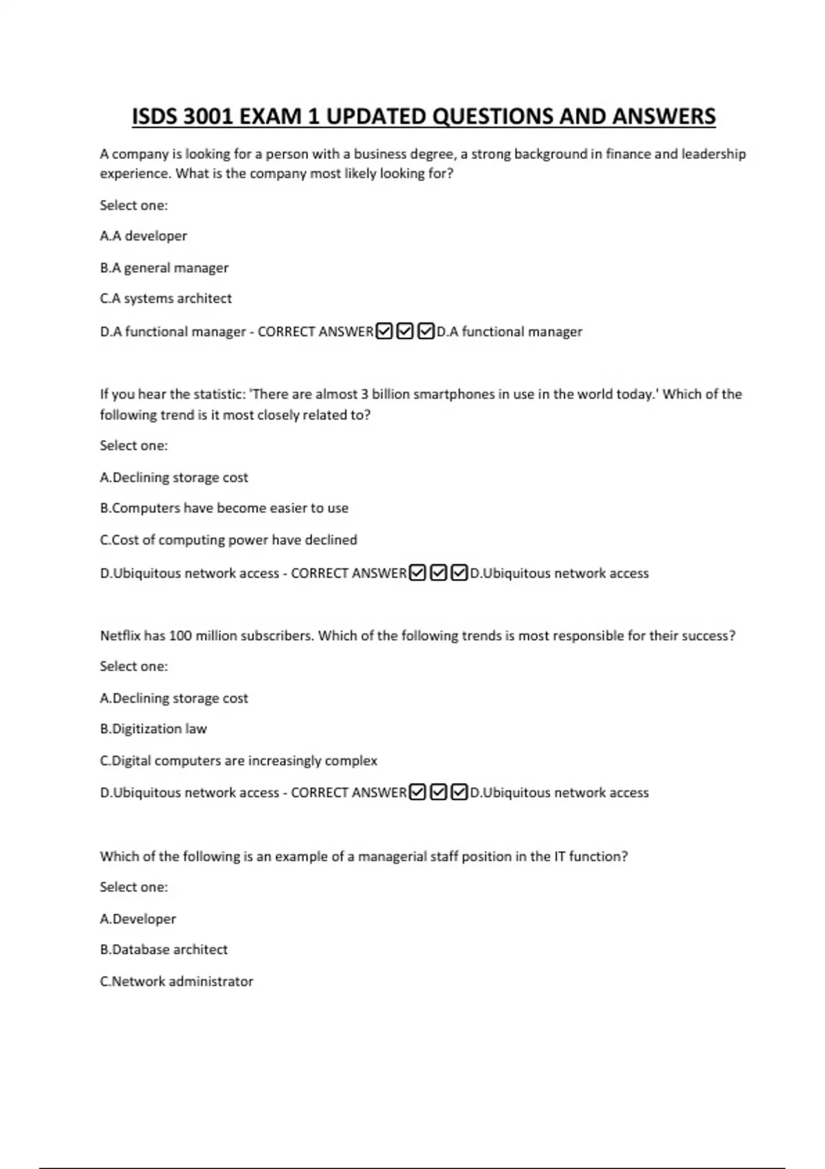 ISDS 3001 EXAM 1 UPDATED QUESTIONS AND ANSWERS - ISDS 3001 - Stuvia US
