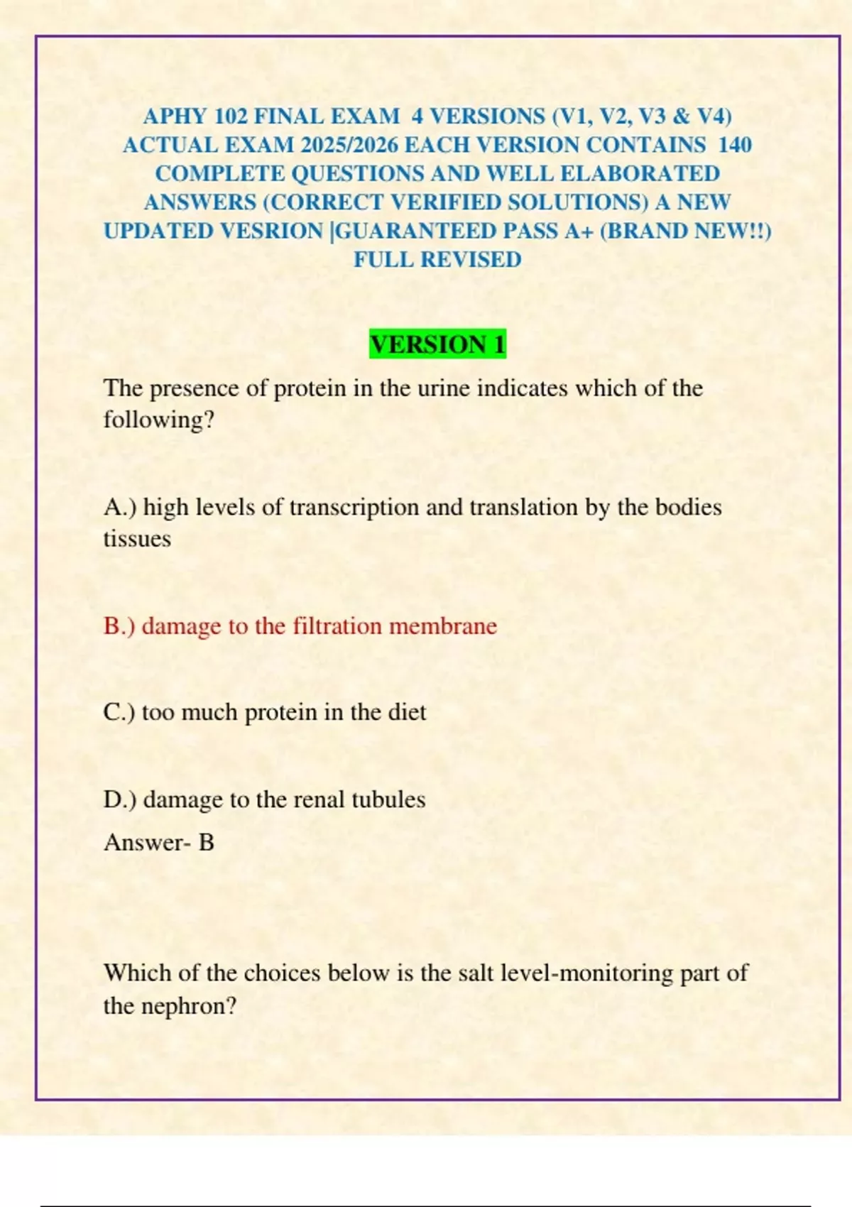 APHY 102 FINAL EXAM 4 VERSIONS (V1, V2, V3 & V4) ACTUAL EXAM 2025/2026 ...