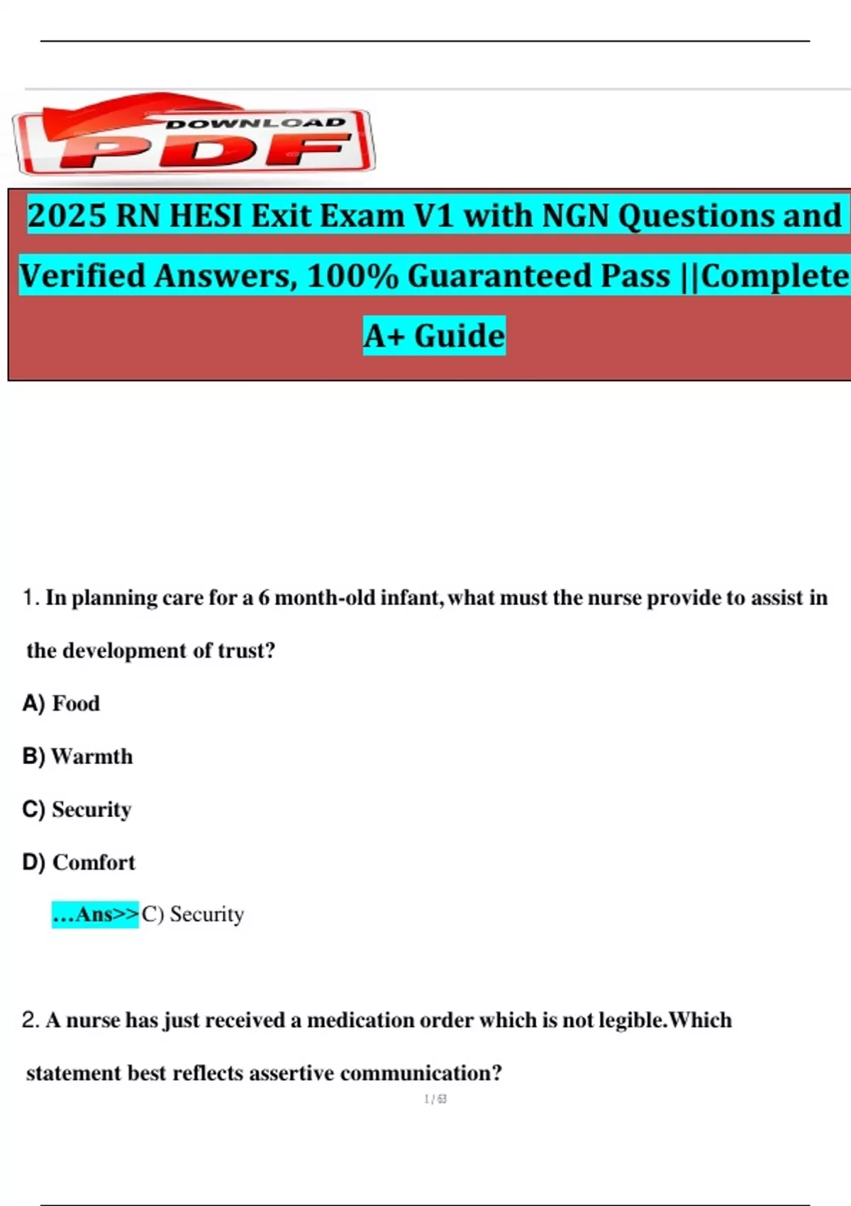 2025 Rn Hesi Exit Exam V1 With Ngn Questions And Verified Answers 100