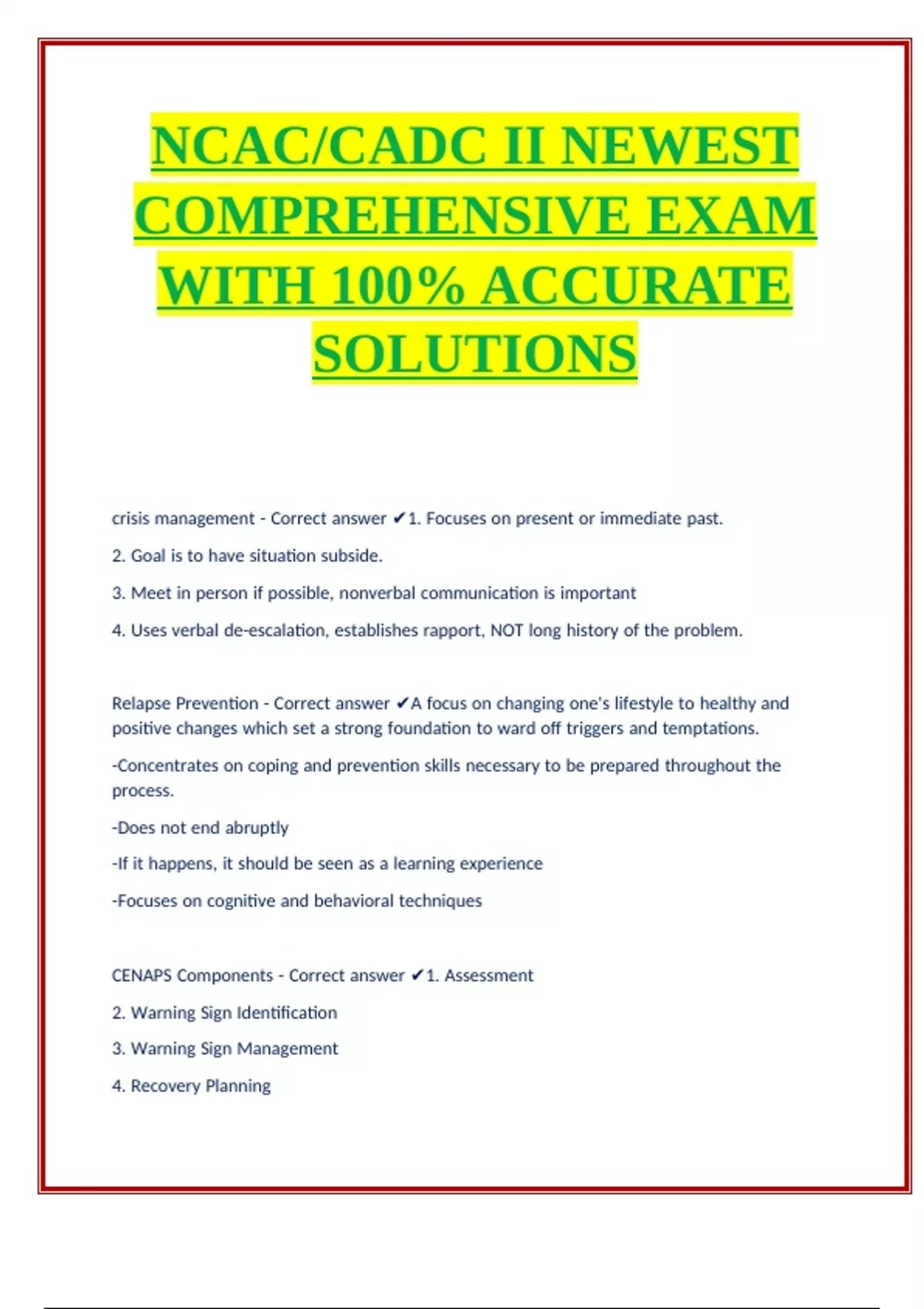 NCAC CADC II NEWEST COMPREHENSIVE EXAM (1227 QUESTIONS) WITH 100 ...