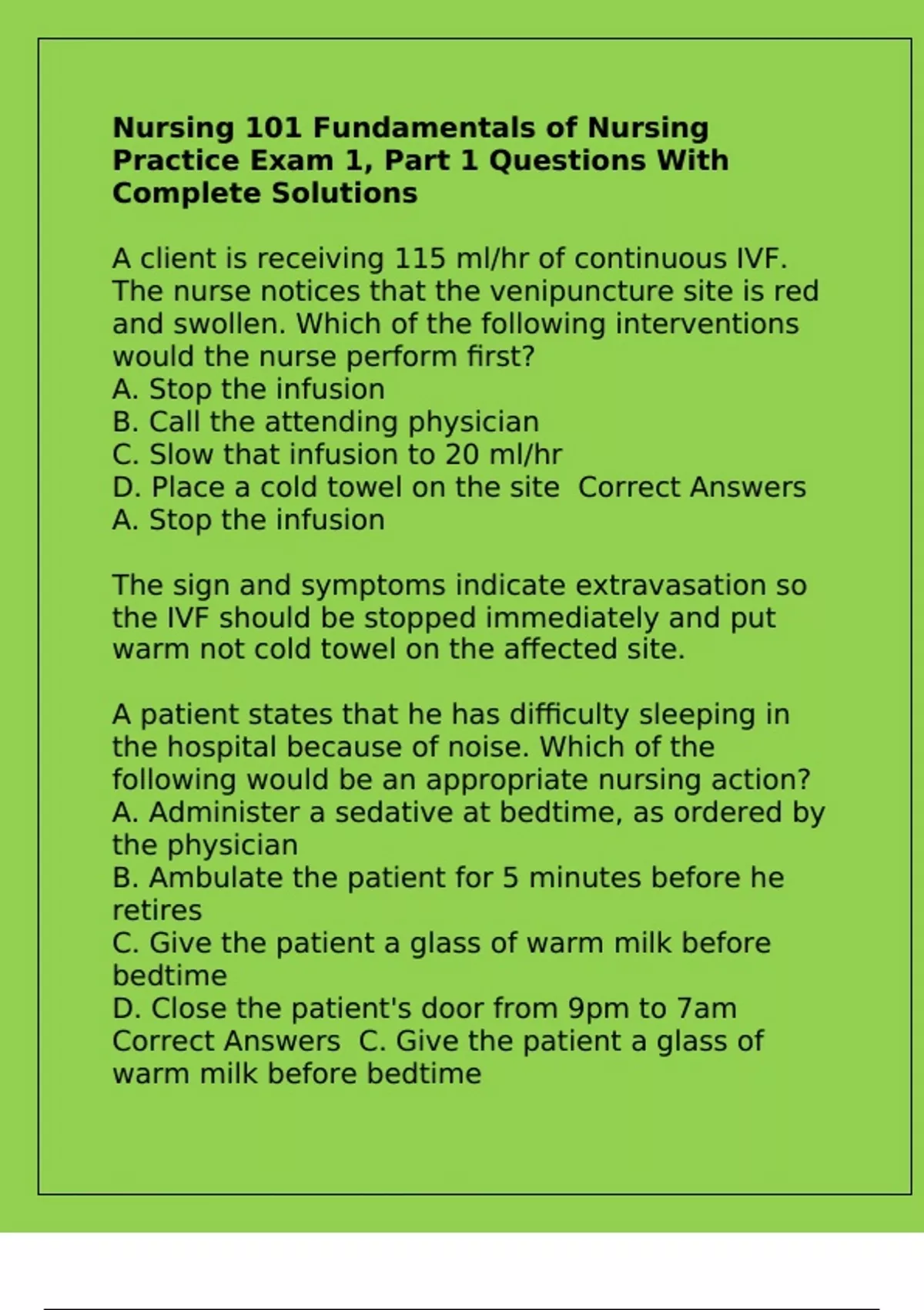 Nursing 101 Fundamentals of Nursing Practice Exam 1, Part 1 Questions ...