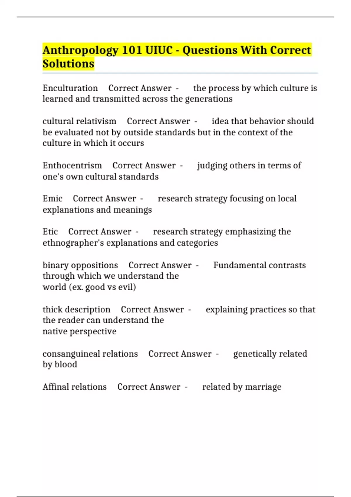 Uiuc Coursework Anthropology 101 UIUC - Questions With Correct Solutions - UIUC ANTH ...