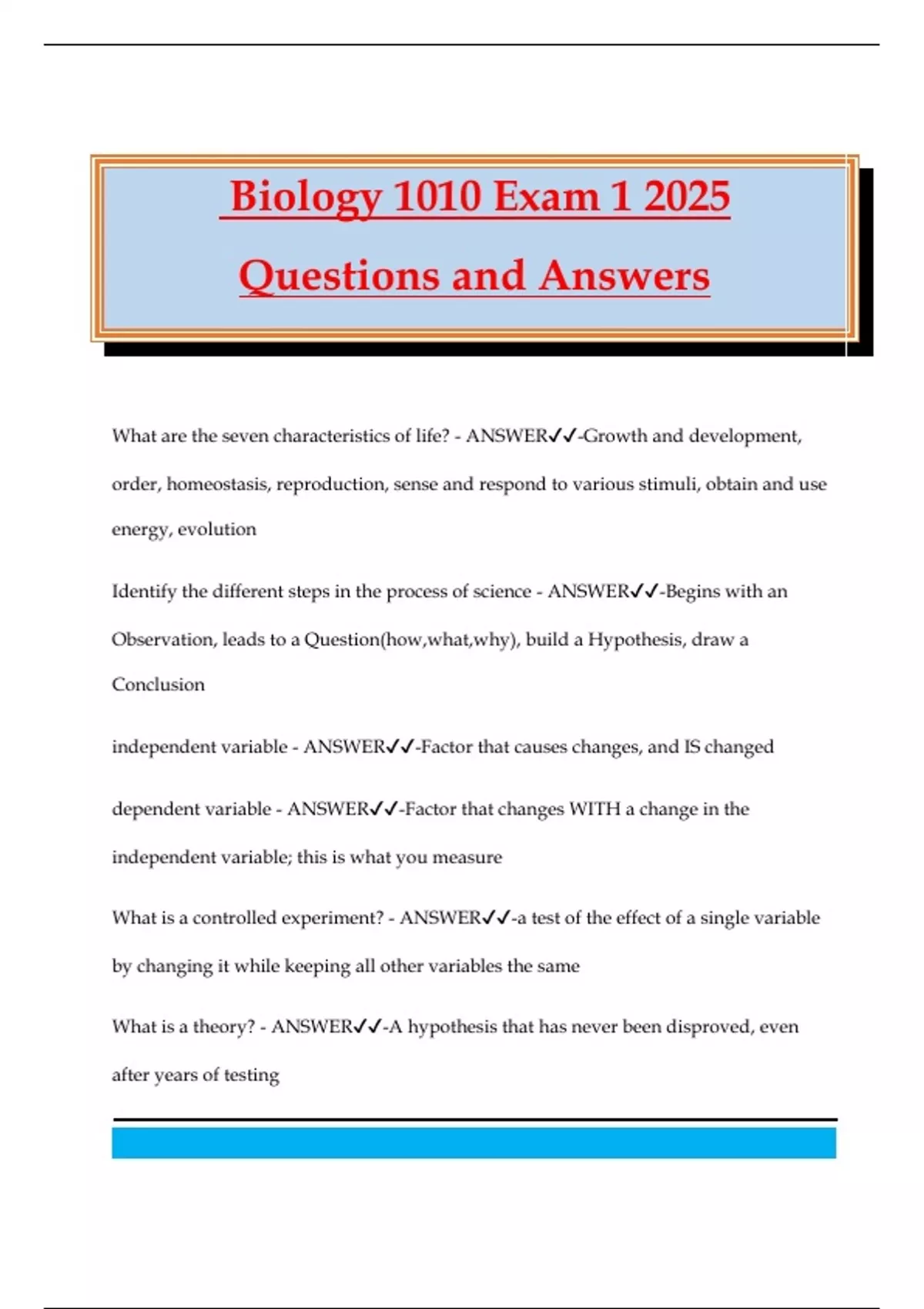 Biology 1010 Exam 1 2025 Questions and Answers - Biology 1010 - Stuvia US