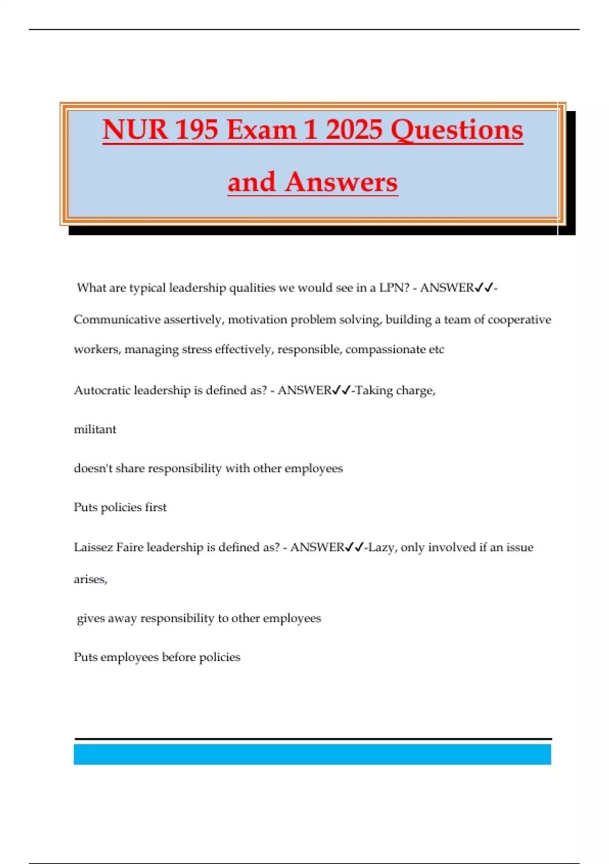 NUR 195 Exam 1 2025 Questions and Answers - Nur195 - Stuvia US