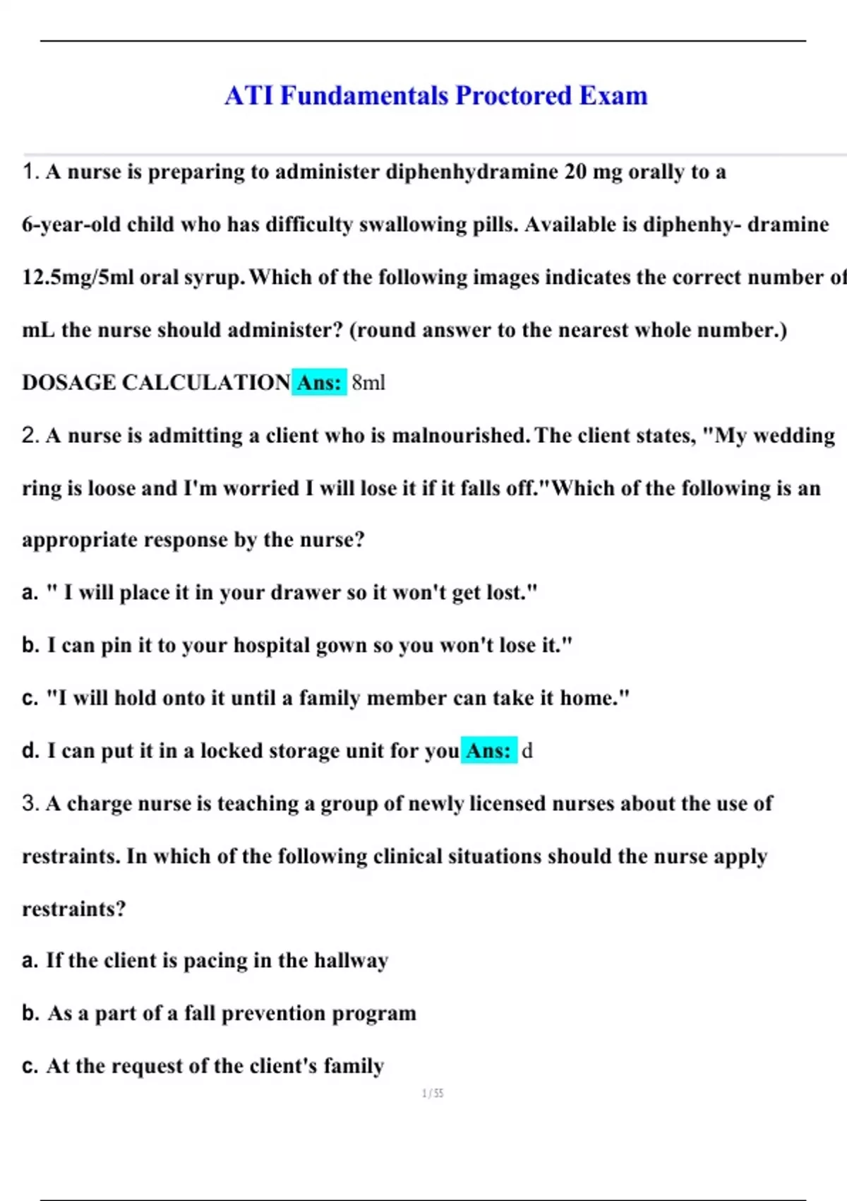 ATI FUNDAMENTALS PROCTORED EXAM PRACTICE 2024 Questions and Answers ...