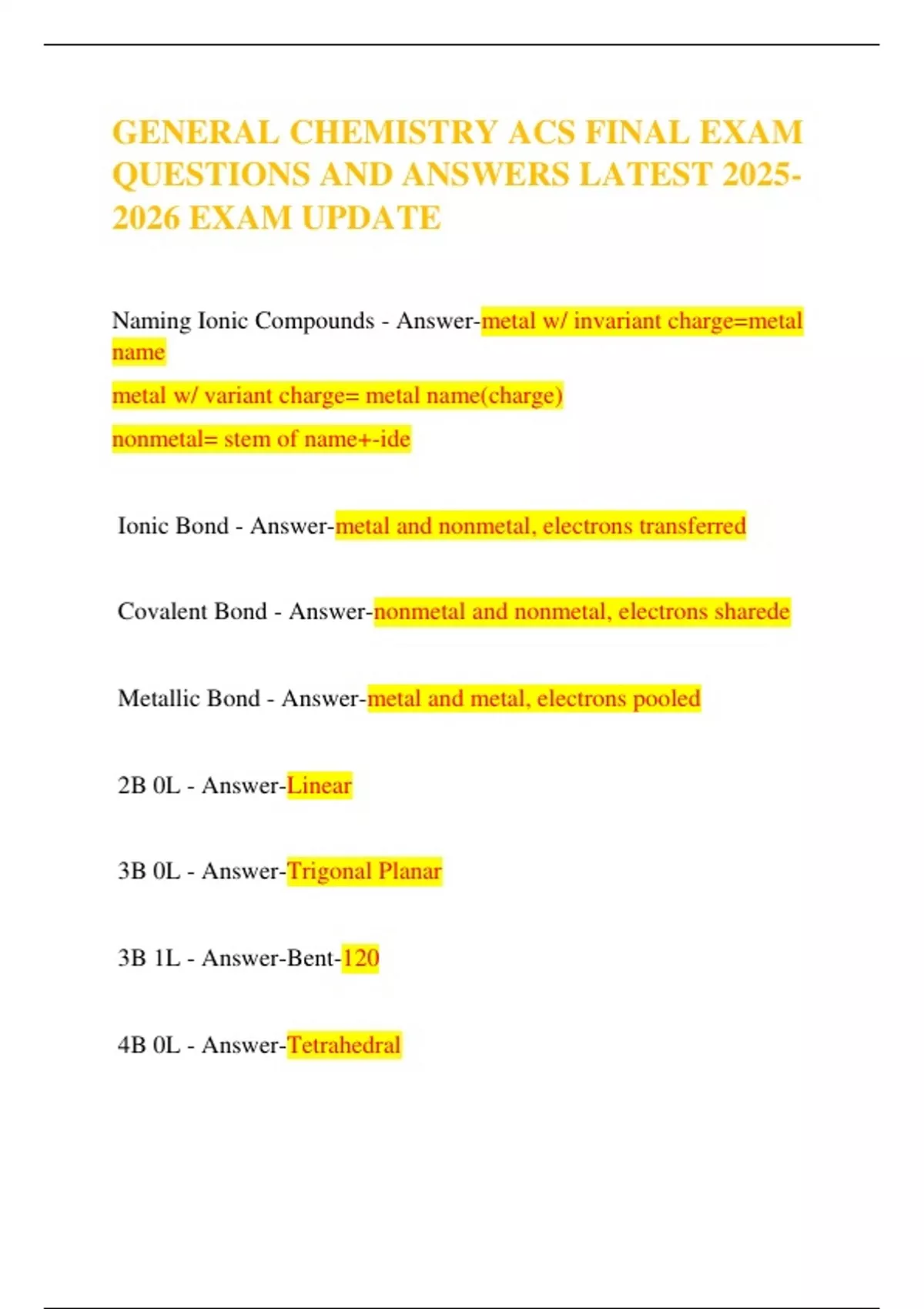 GENERAL CHEMISTRY ACS FINAL EXAM QUESTIONS AND ANSWERS LATEST EXAM ...