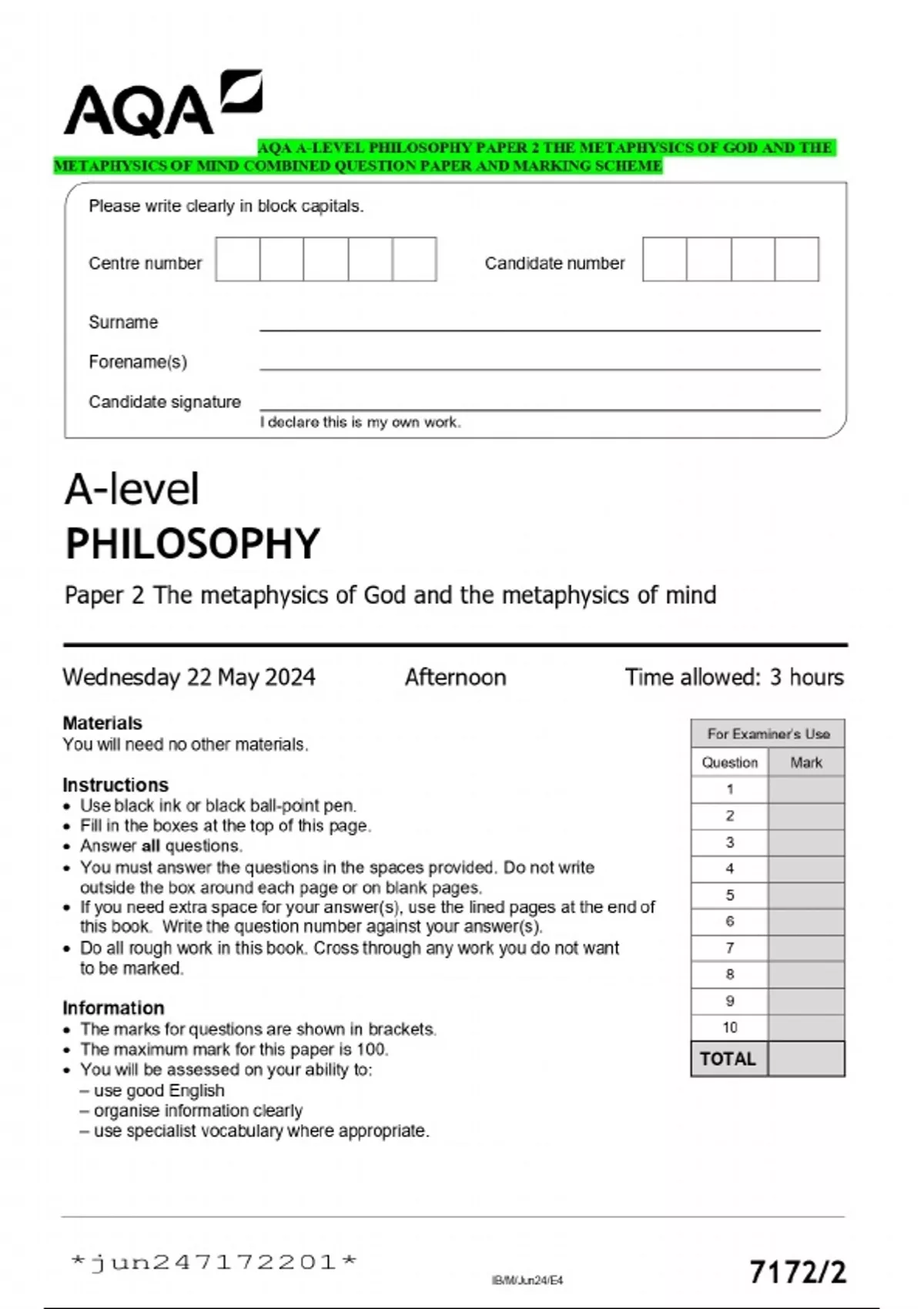 AQA A-LEVEL PHILOSOPHY PAPER 2 THE METAPHYSICS OF GOD AND THE ...