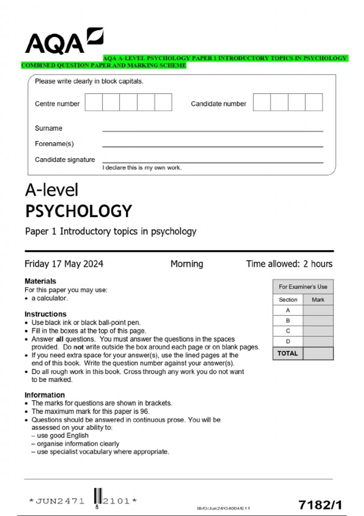 AQA A-LEVEL PSYCHOLOGY PAPER 1 INTRODUCTORY TOPICS IN PSYCHOLOGY ...