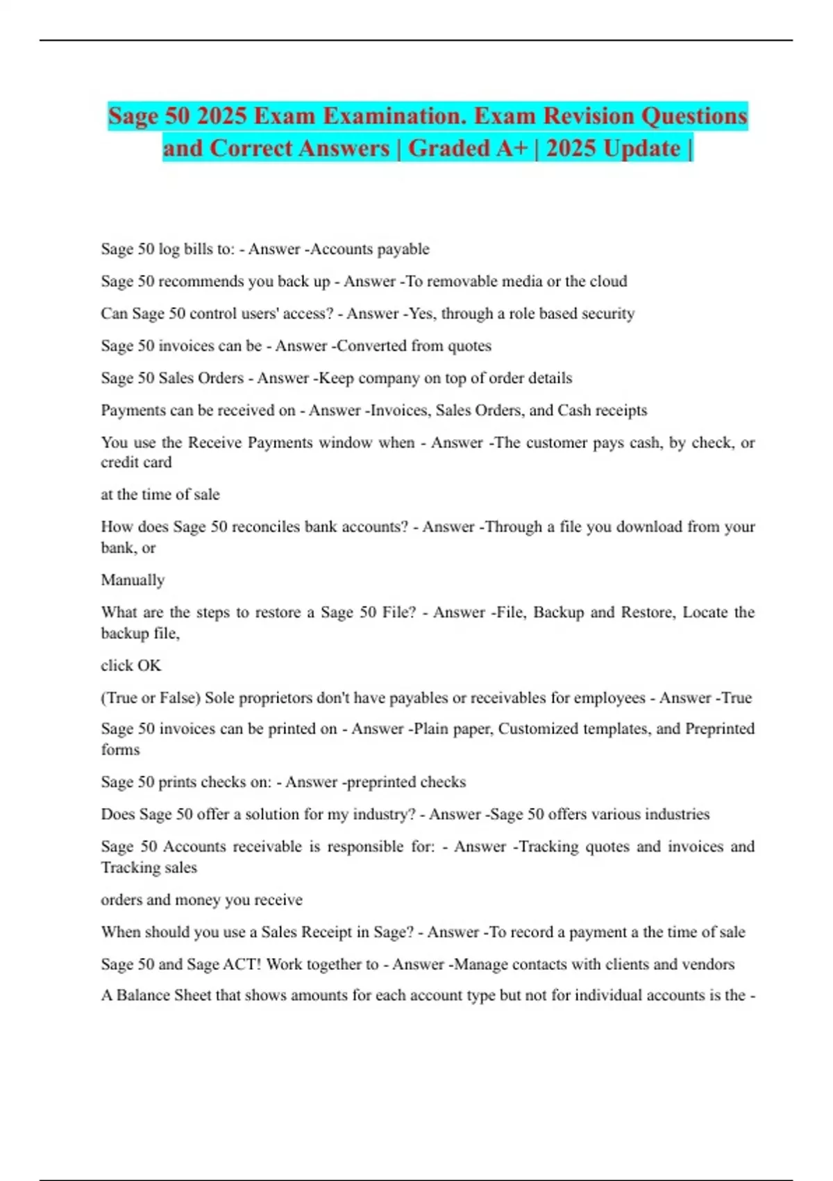 Sage 50 2025 Exam Examination. Exam Revision Questions and Correct ...