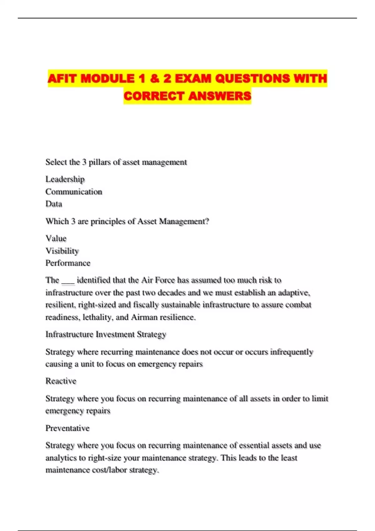 AFIT MODULE 1 & 2 EXAM QUESTIONS WITH CORRECT ANSWERS - AFIT - Stuvia US