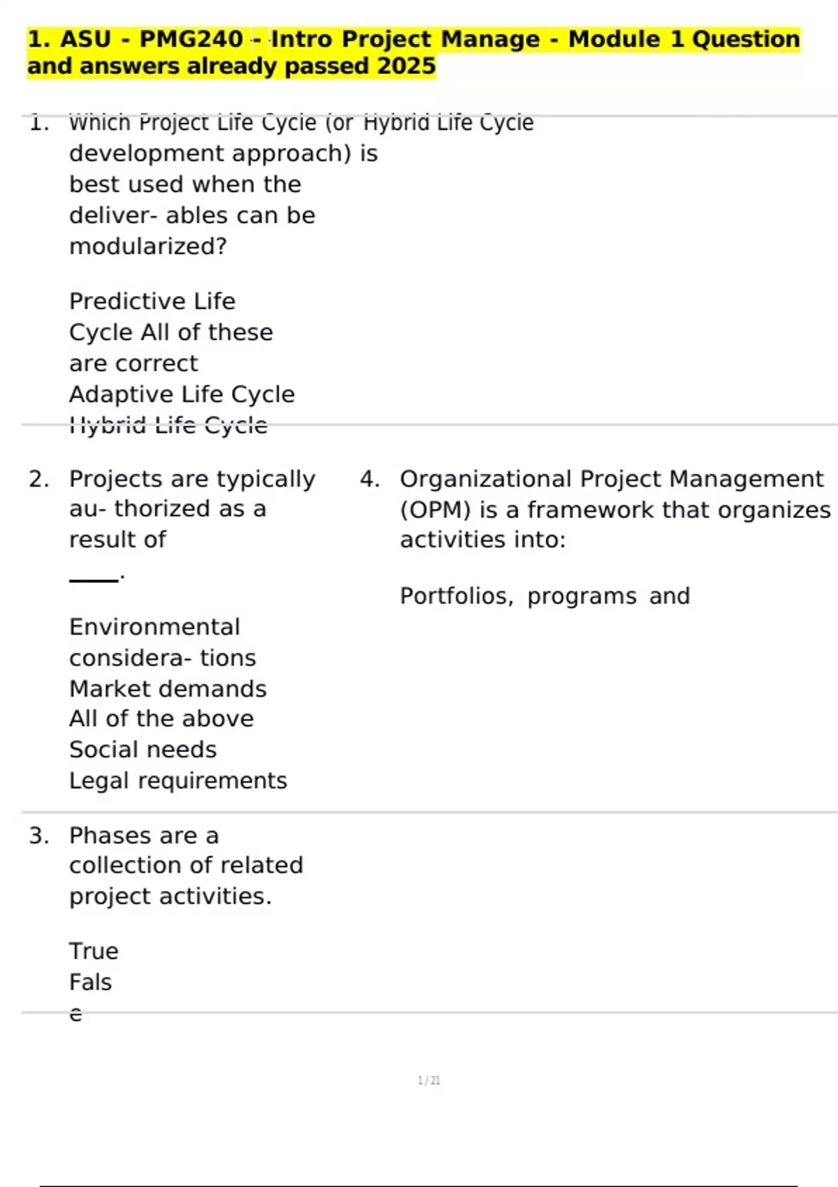 Project Management Module Question Examples 1. ASU - PMG240 - Intro Project Manage - Module 1 Question and answers ...