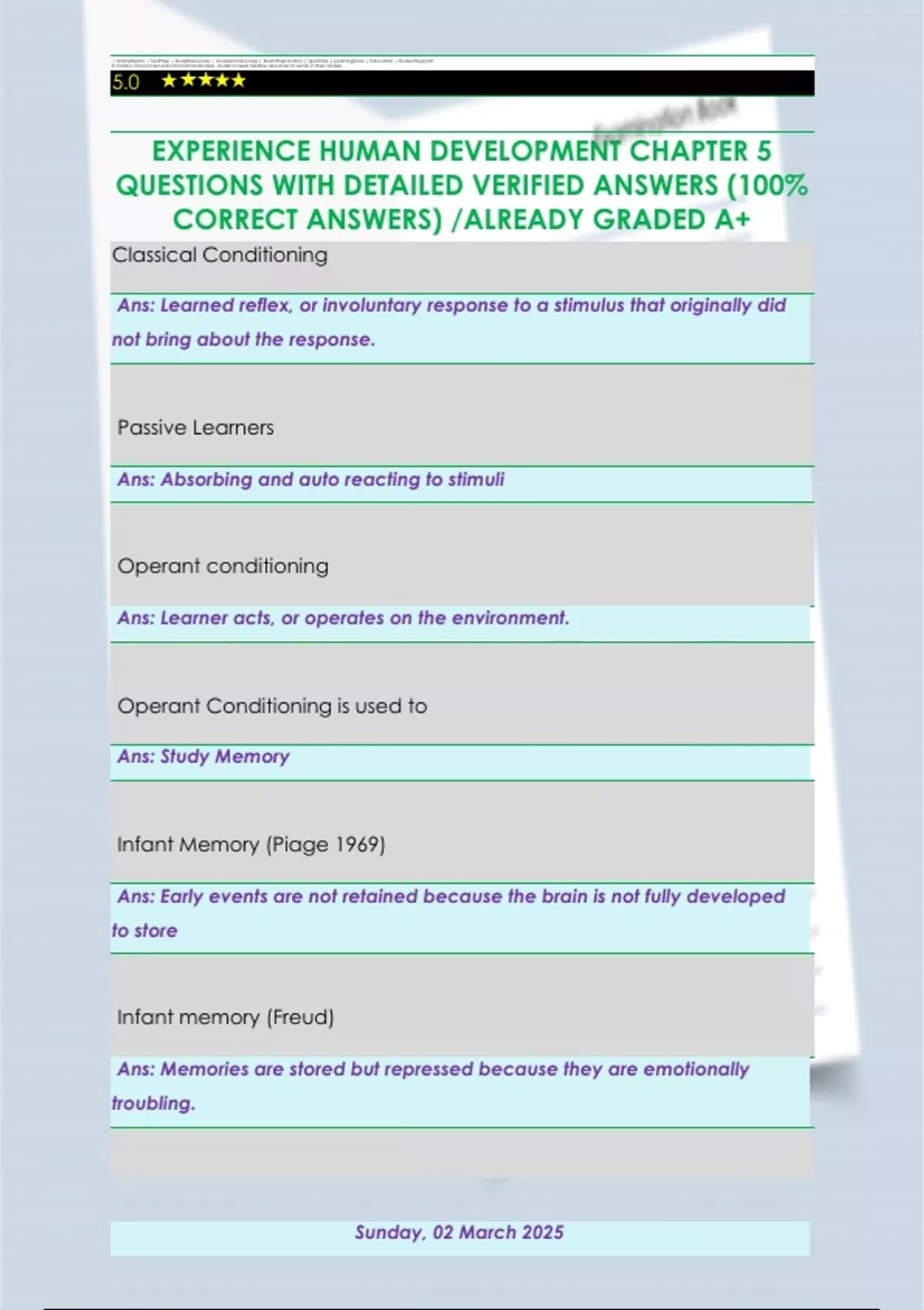 EXPERIENCE HUMAN DEVELOPMENT CHAPTER 5 QUESTIONS WITH DETAILED VERIFIED ...