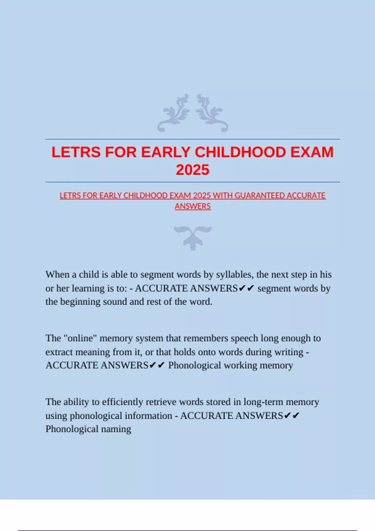 LETRS FOR EARLY CHILDHOOD EXAM 2025 WITH GUARANTEED ACCURATE ANSWERS ...