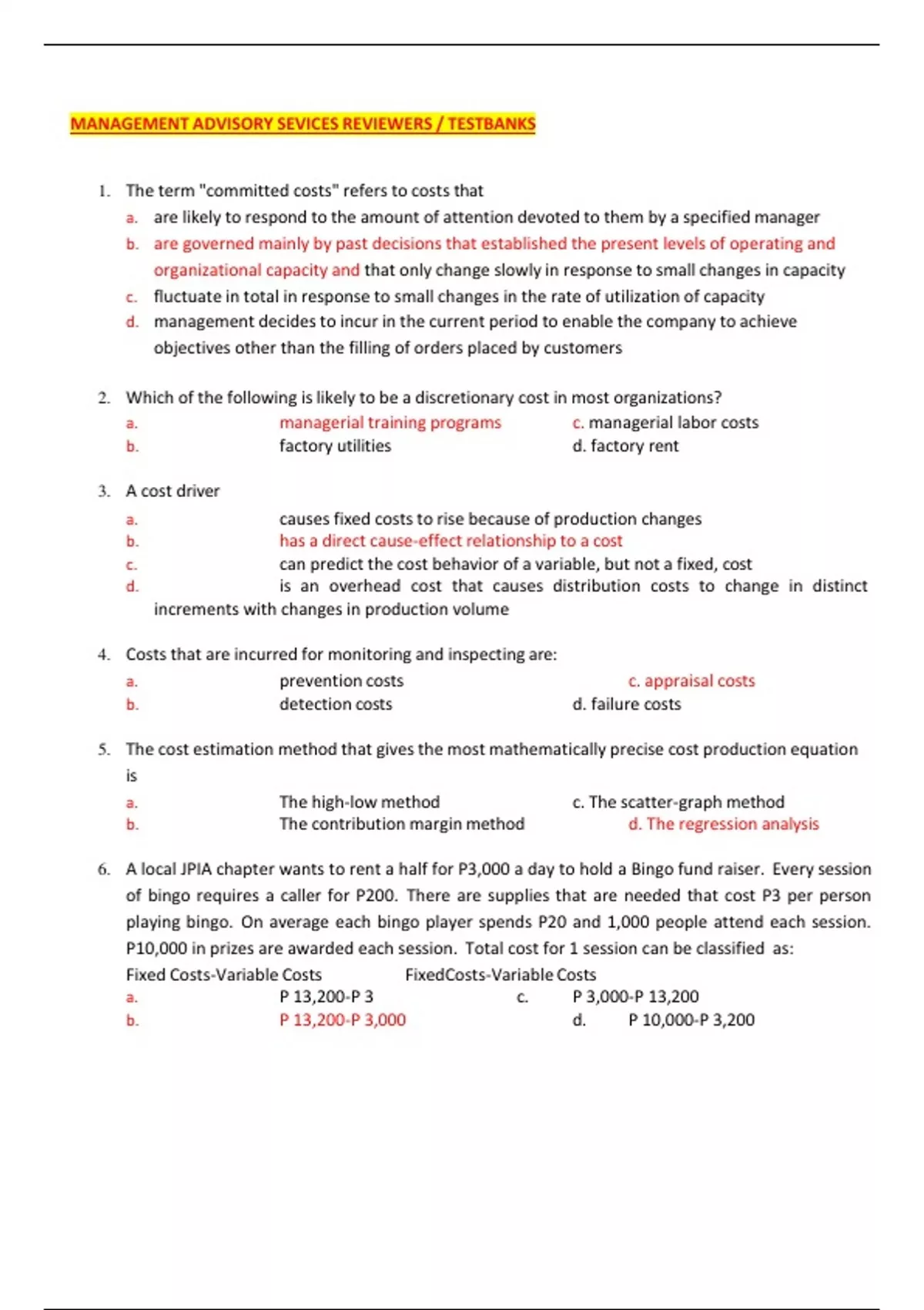 Management Advisory Services – Practice Exam Questions and Review ...