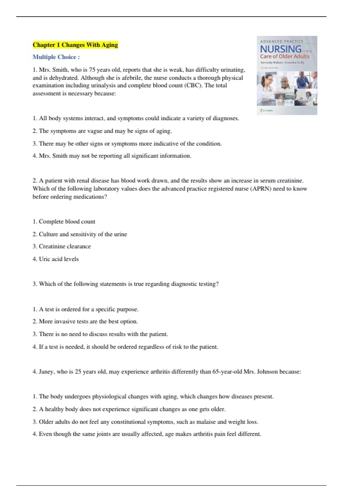 Test Bank - Advanced Practice Nursing in the Care of Older Adults 3rd ...